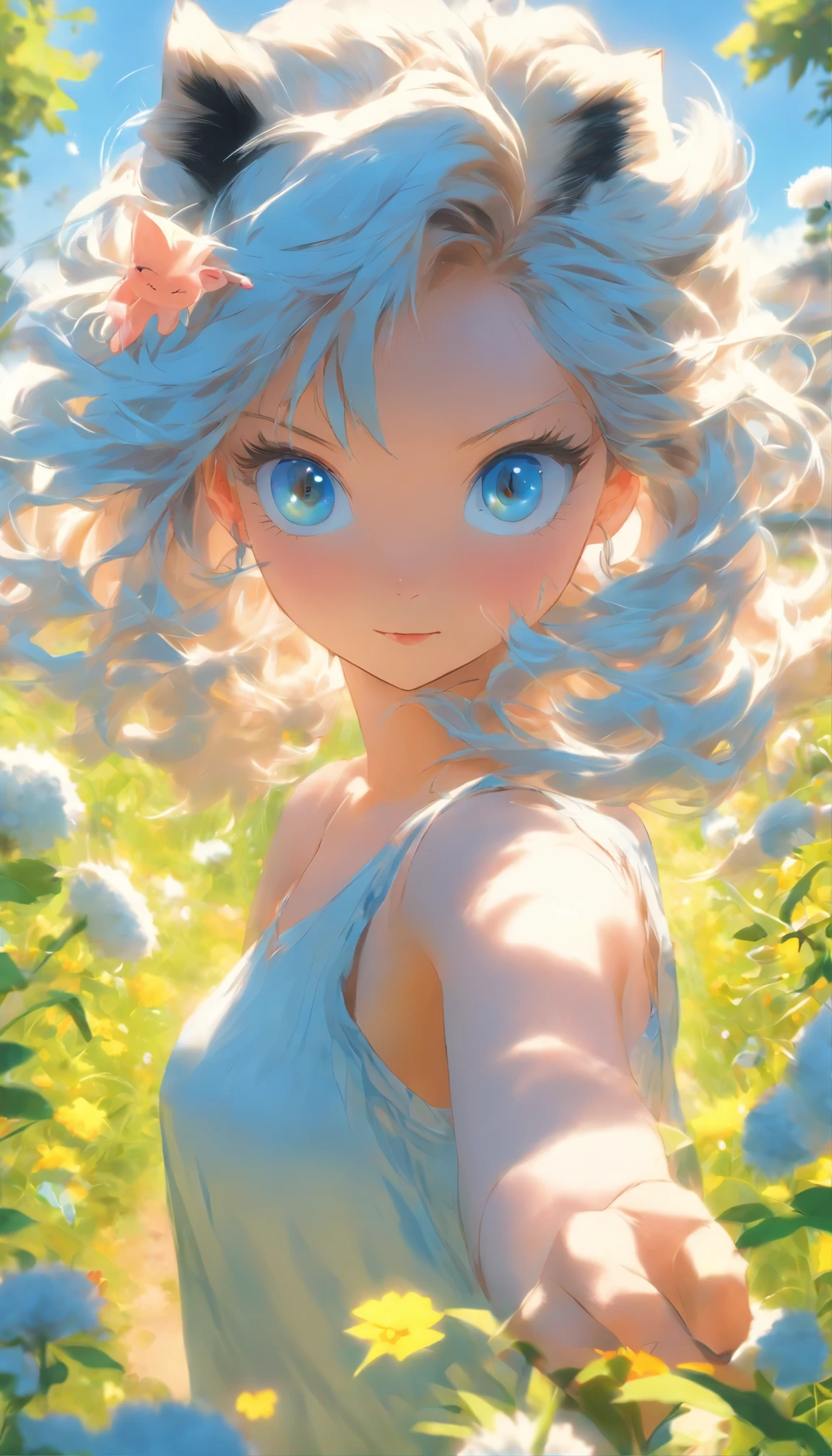 original, (masterpiece), (illustration), (extremely fine and beautiful), perfect detailed, photorealistic, (beautiful and clear background:1.25), (depth of field:0.7), (1 cute girl with (cat ear and cat tail:1.2) stands in the garden:1.1), (cute:1.35), (detailed beautiful eyes:1.3), (beautiful face:1.3), casual, silver hair, silver ear, (blue hair:0.8), (blue ear:0.8), long hair, coat, short skirt, hair blowing with the wind, (blue eye:1.2), flowers, (:0.65), butterflys flying around