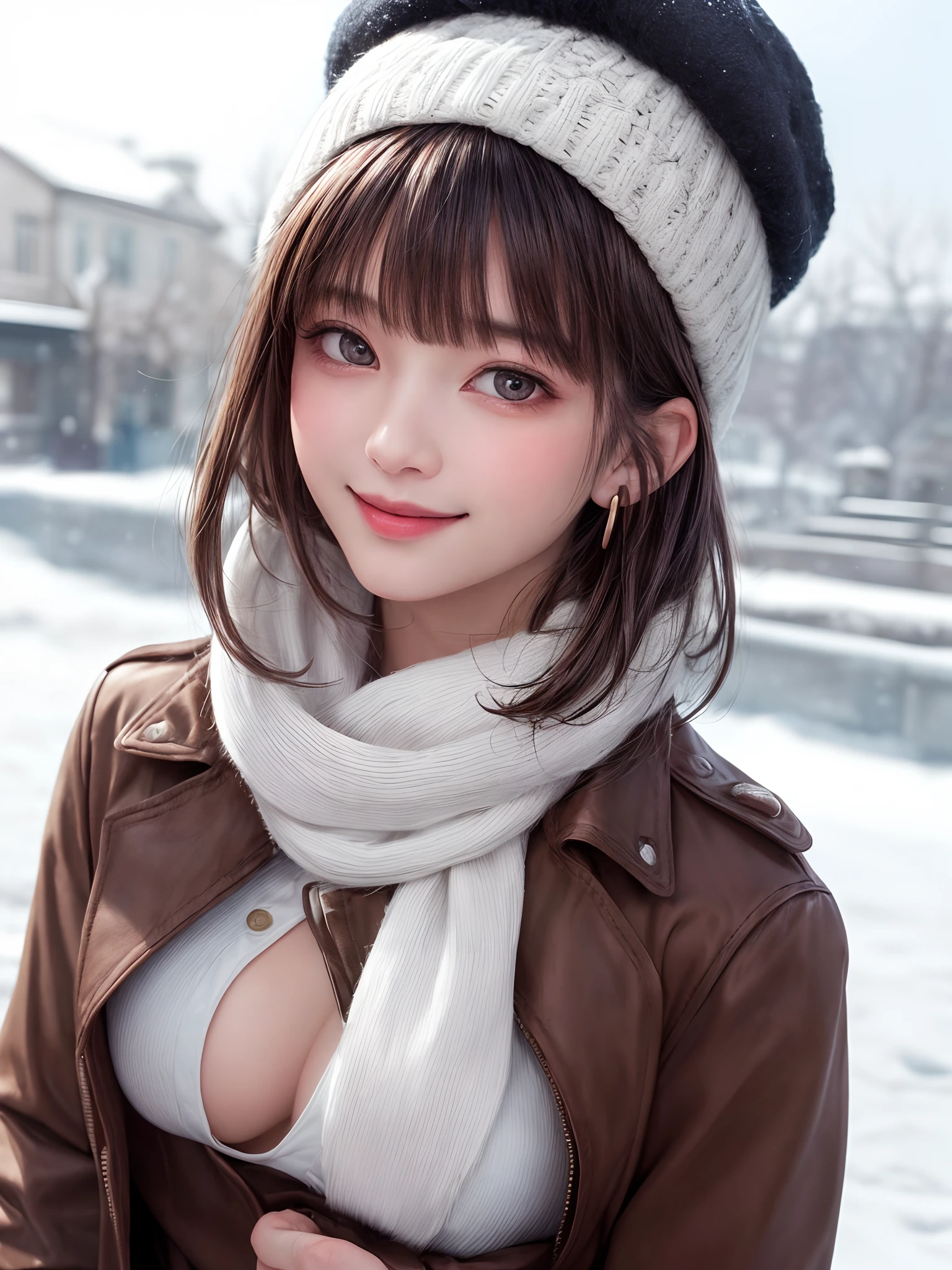 (​masterpiece, top-quality),1girl in, 独奏, A dark-haired, scarf, Hats, realisitic, realisitic, looking at the viewers, black eyes of light color, shorth hair, Brown coat, Winter clothes, White headscarf, s lips, bangss, plein air, a closed mouth, The upper part of the body、big eye、Lashes、((Beautiful landscape of sparkling snow))、(((Shorthair with bangs、big eye、large full breasts、gazing at viewer、Beautiful beauty、Put your ears out、long neck、little smiling、Close your mouth and smile)))、