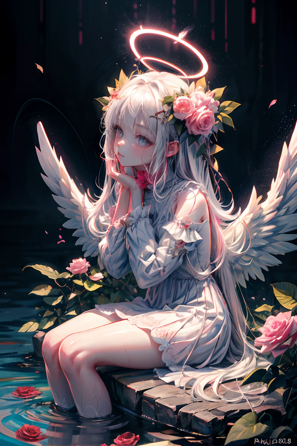 Full body photo,Barefoot,emo girl, kawaii, silber hair, the angel's wings, Angelic, angel ring, Locked, Blindfold your eyes with a black cloth, White flowers, The white, pure white, silvery white