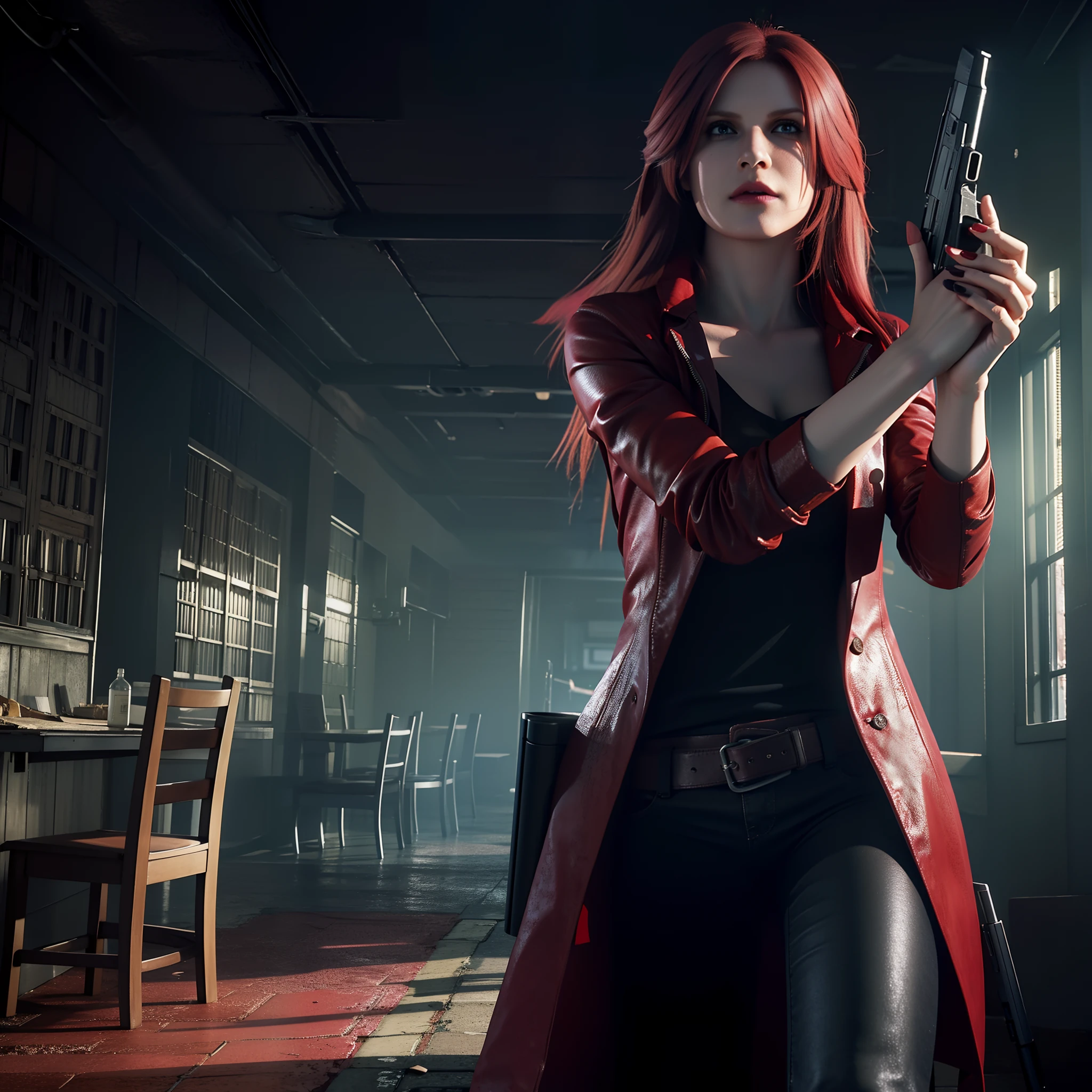 4K,HD, Claire Redfield 40 years old, beautiful face, looking at viewer, very long red hair, perfect Face, black jeans, red long coat with black t-shirt, red nail polish, friendly face, Glare, holding a gun