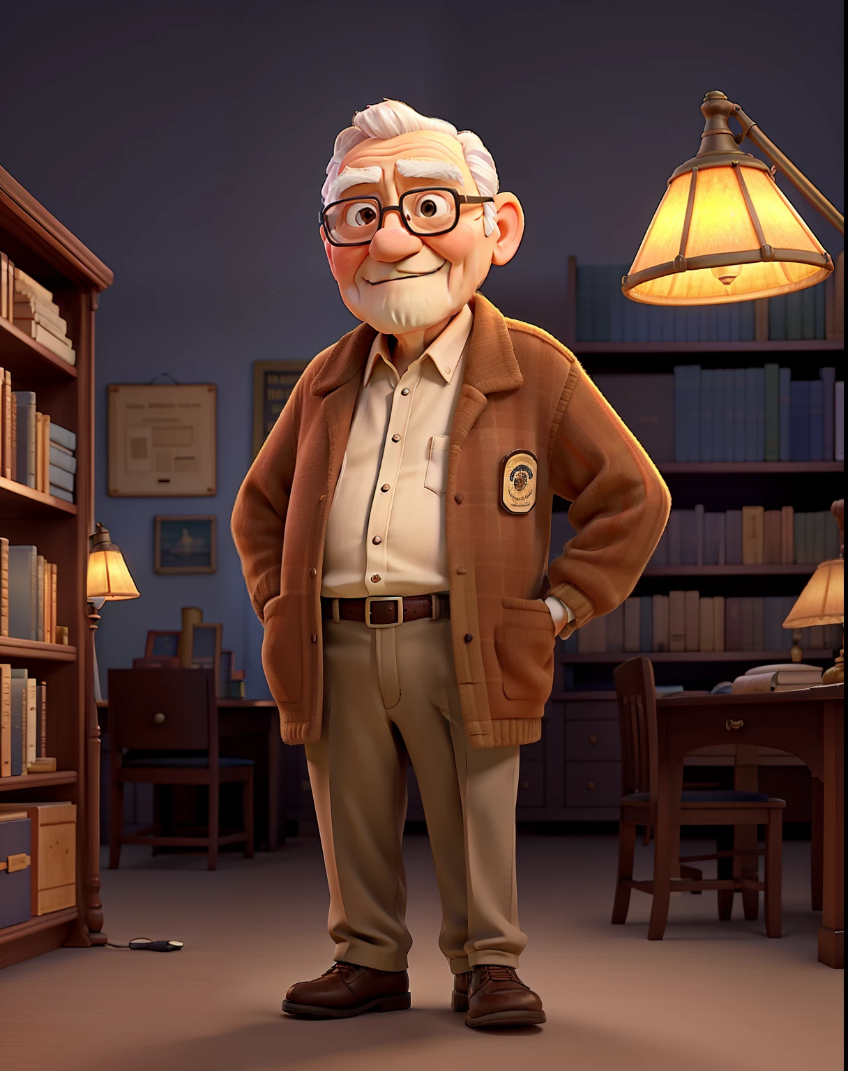A wise old man standing in front, illuminated by the light of a lamp, against the backdrop of a library