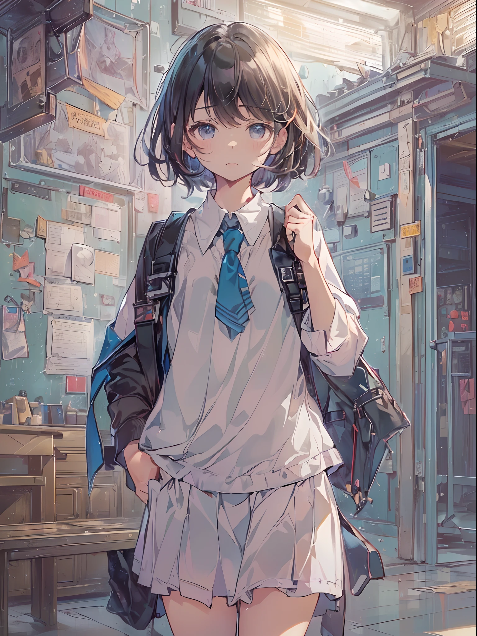 ((top quality,anime,ultra-detailed,high resolution,extremely detailed CG,unity 8k wallpaper,by famous artist,perfect anatomy,super detailed skin,cinematic lighting,UHD, retina, ccurate, anatomically correct, textured skin,1080P)),break,(Please draw a girl walking sleepily to school. :1.3),break, 1girl, (Solo,Loli face,13-year-old:1.5),a junior high school student, (Very Short hair),Full limbs,complete fingers,flat chest, Small butt, androgynous charm, groin, Beautiful detailed black eyes, disgusted eye, school Uniform,(Detailed Lighting), (Detailed background), (in the school zone),