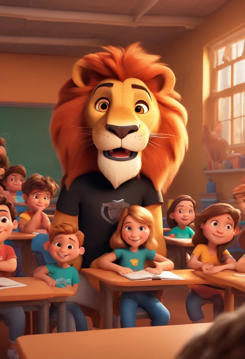 Happy lion Daren with arms crossed wearing a black t-shirt in a classroom with happy kids in Disney Pixar 3D style
