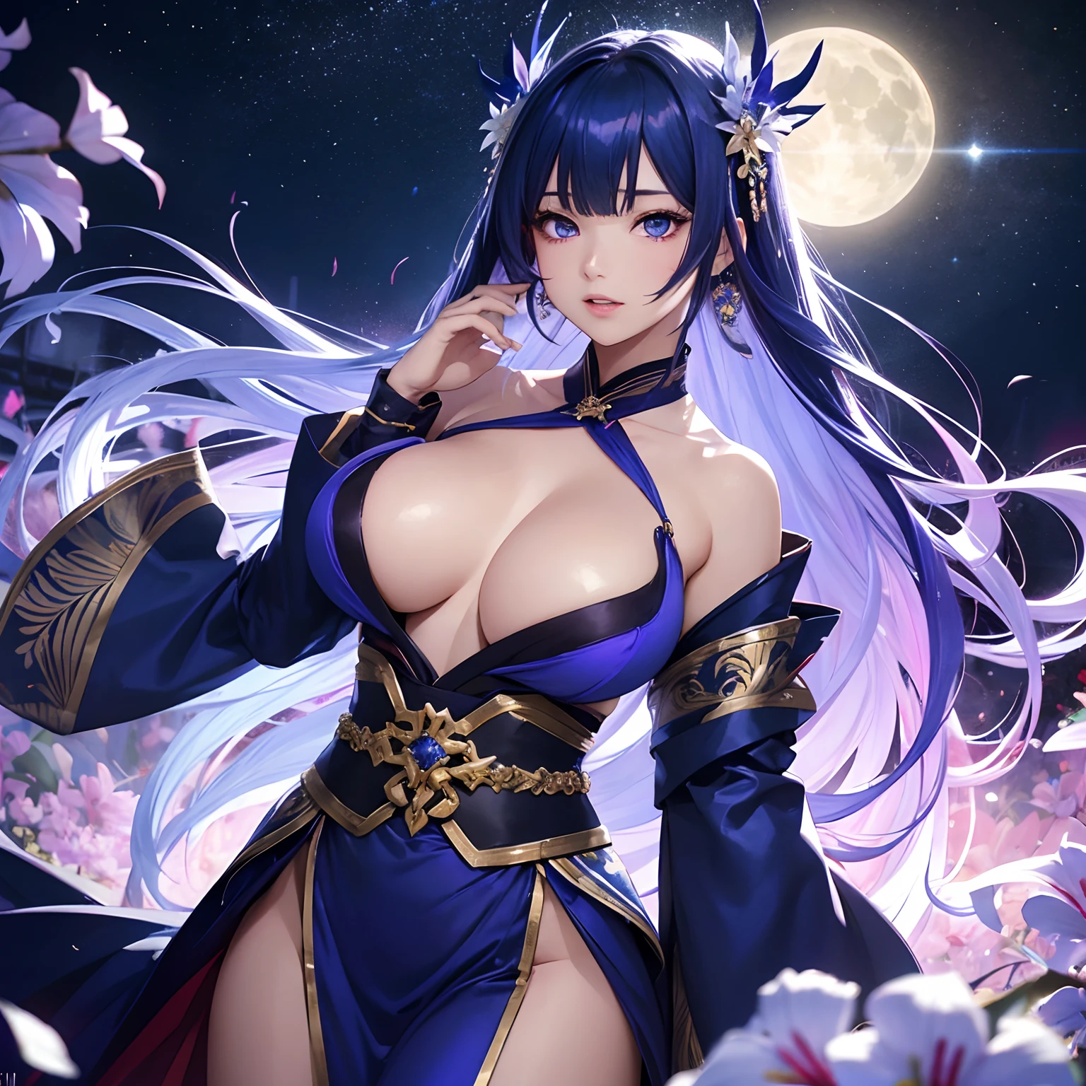 finest image, (8k, RAW photo, realistic), portrait, detailed and delicate depiction and flashy and dynamic painting method, blue violet hair, beautiful woman, sparkling crimson red sharp eyes, amorous expression, lewd expression, ecstasy, orgasm, huge breasts, treasured breasts, great proportion, open Japanese kimono, blue violet and white lilies, background big moon, iridescent golden particles
