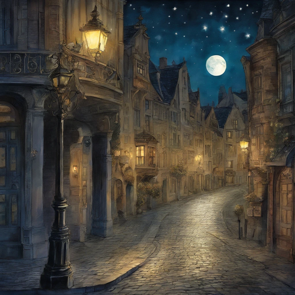 Moonlight shines on a street corner at 2 a.m. in Brussels、Dark shadows form in the city Pale watercolor style Fantastic Big Full Moon There is no light other than street lamps Picture book illustrations