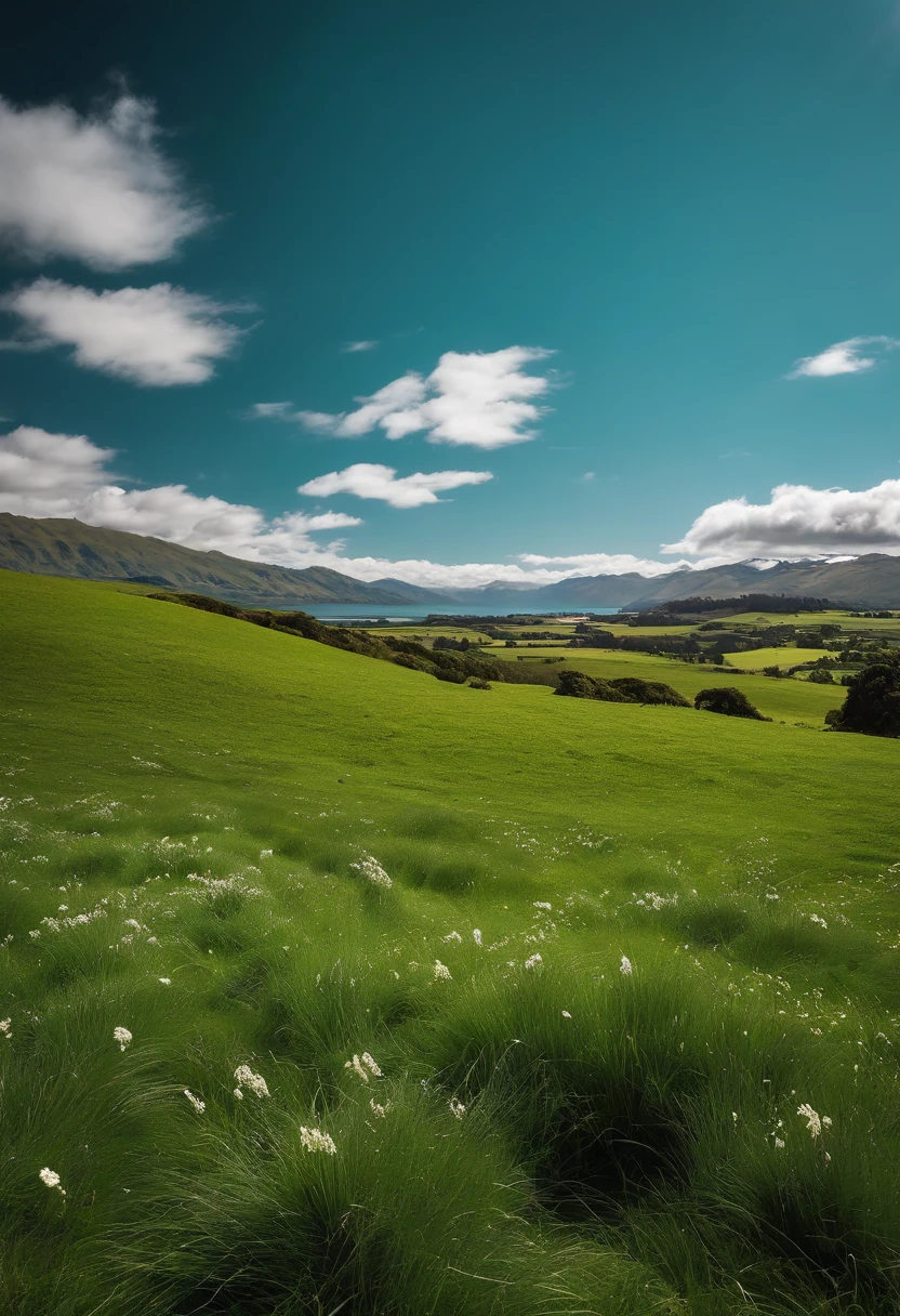 Green meadow，((White flock))，White cloudless sky，new zealand，4K，k hd