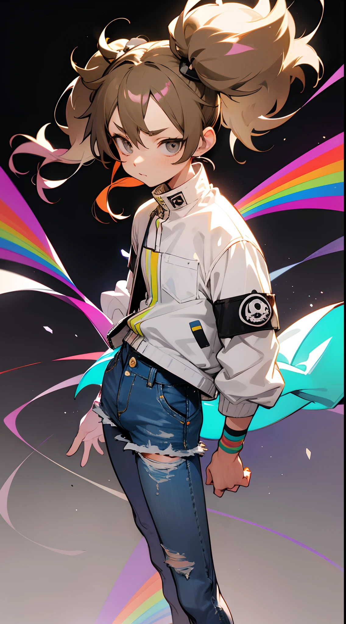 Manga, Drawing, Grey eyes, short light brown hair, Blind, Hyuga, black background, Pigtails,colorful,rainbow aura, jean shorts,Punk Rock,loose white uniform jacket with sleeves that stop at his forearms. He also wears slender blue jeans that tuck into white sneakers that match his jacket.,Female