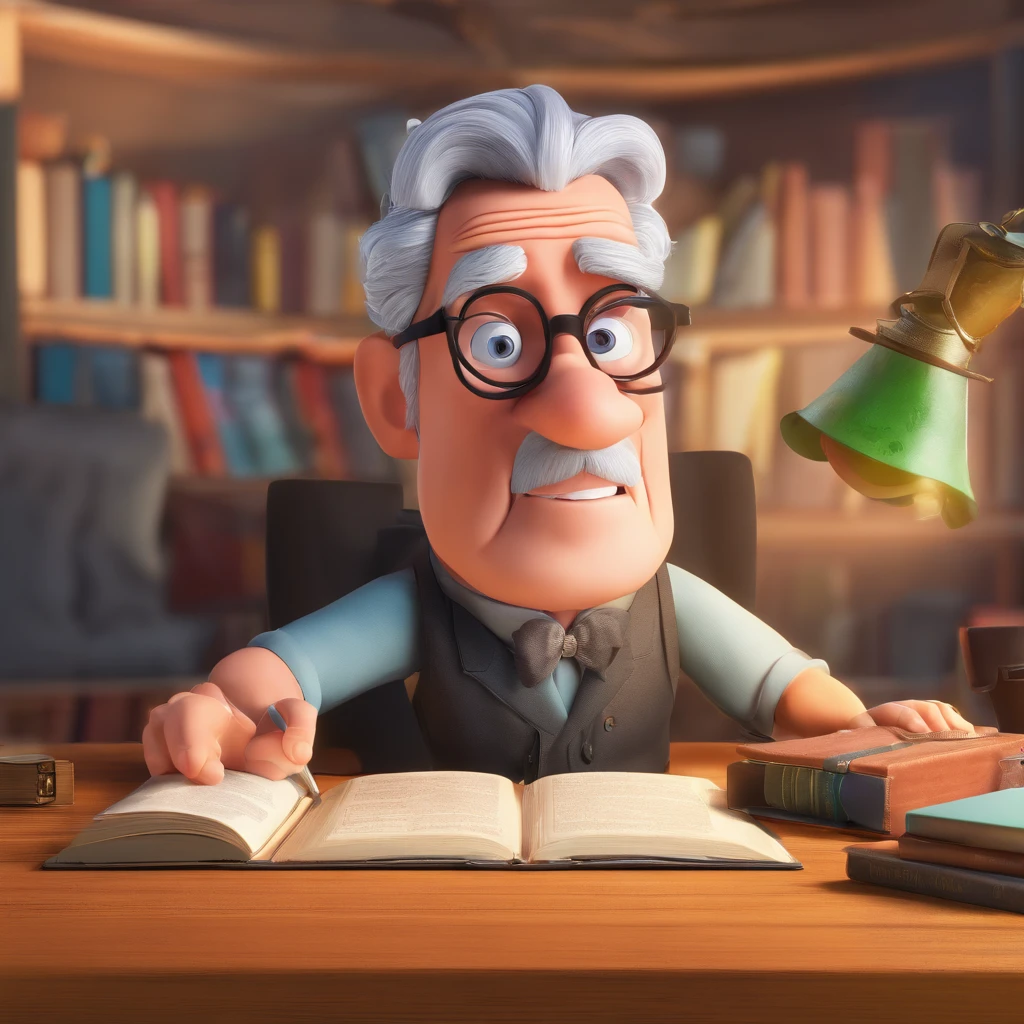 Crie um cartaz inspirado na Disney Pixar com o personagem sendo o pastor Rubens Janier, A gray-haired man wearing glasses, in an office with a Bible on the table, Looking forward and serious