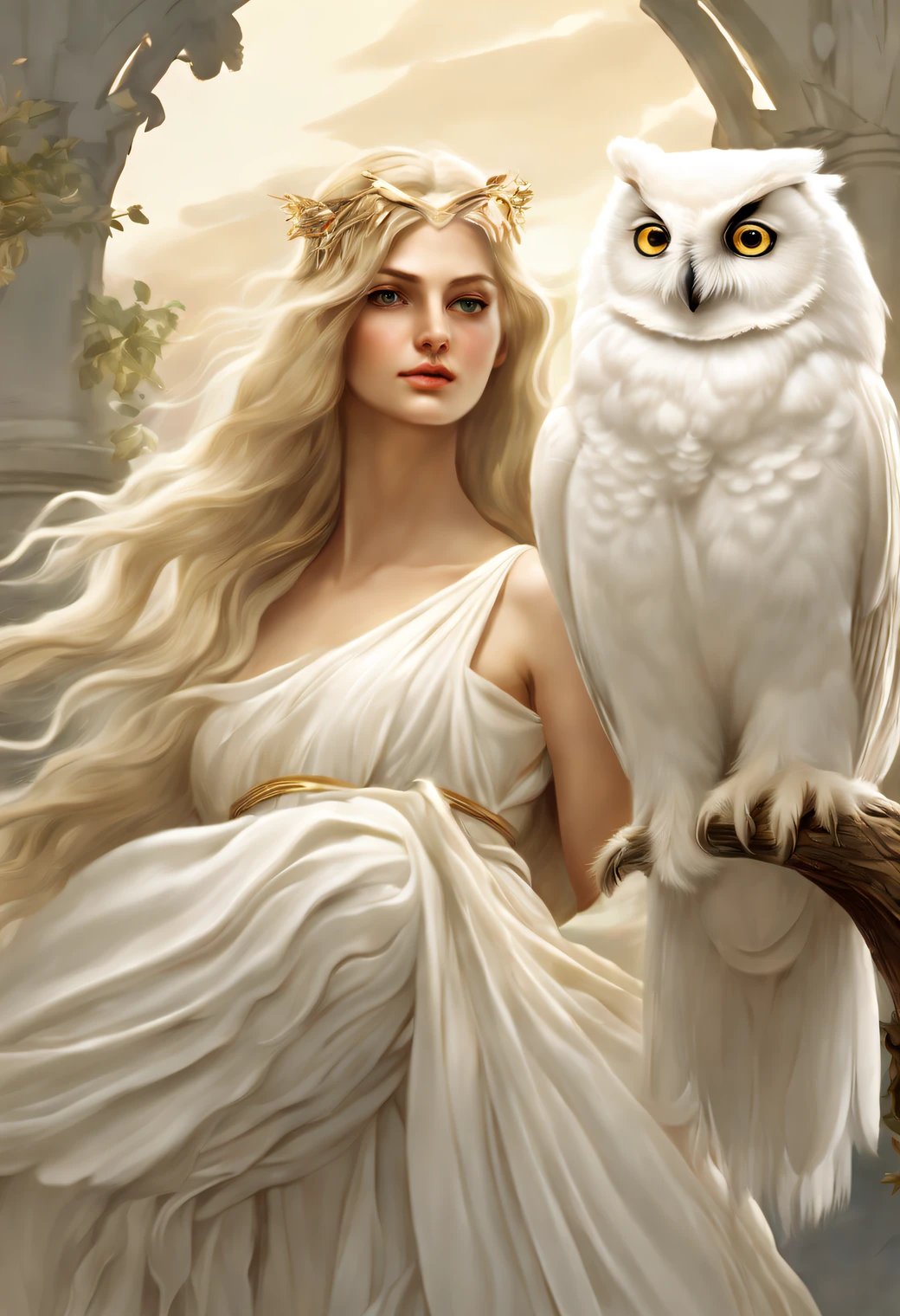 surrealism art style of (a pure white owl standing on Athena's shoulder),(pure white owl: 1.37), pure white owl, pure white owl, (standing on Athena's shoulder),(standing on the shoulder: 1.37) owl's face is round, (large blue eyes: 0.8), very large eyes, short curved beak, thick pure white feathers, thick claws, pure white, it is a unique and beautiful creature that shows the wonders and wisdom of nature,
(Athena's left half: 0.8), the goddess's eyes were bright and large, charming and majestic, her facial contours were elegant and delicate, her Greek nose was straight, her hair was golden or dark, long and smooth, and her mouth was often pursed tightly, showing her determination and determination. Her skin was white and flawless, ivory skin, dignified and beautiful, shining golden light, wearing an olive branch,,{{masterpiece}}, {{{best quality}}},{{ultra-detailed}}, {{illustration}},{{disheveled hair}},{{masterpiece}},{{{best quality}}},{{ultra-detailed}}, {{{illustration}}},{{disheveled hair}},character concept art,Game scene graph,a beautiful painting by Alphonse Mucha,Illustration,Masterpiece,Matte Painting,Mystical Atmosphere,Caricature,depth of field (dof),full body,close up,dramatic lighting