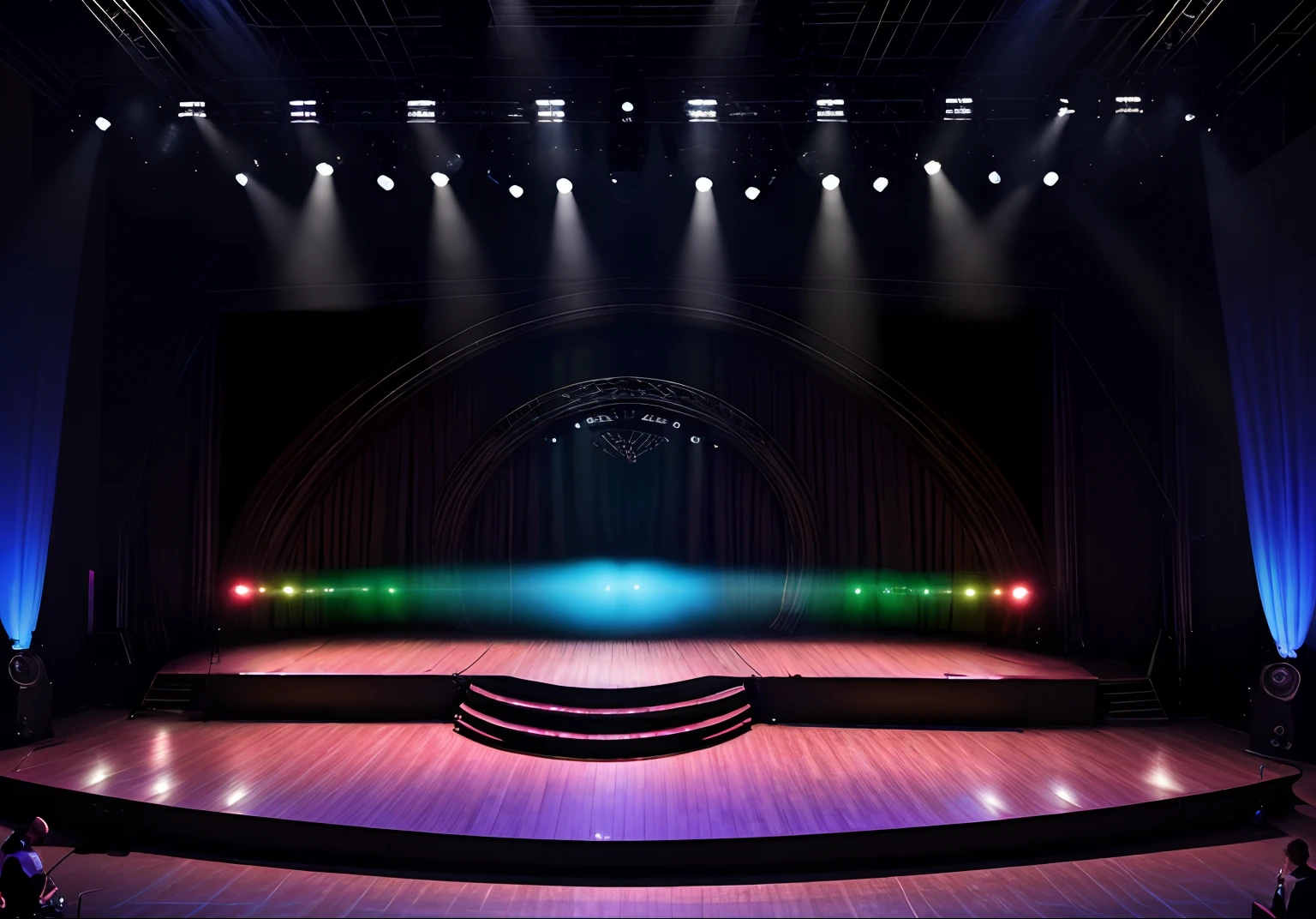 A stage for dancing, with so many beam light, dancers on the stage, audiances in the foreground, tree in the background, nightsence, colorful light
