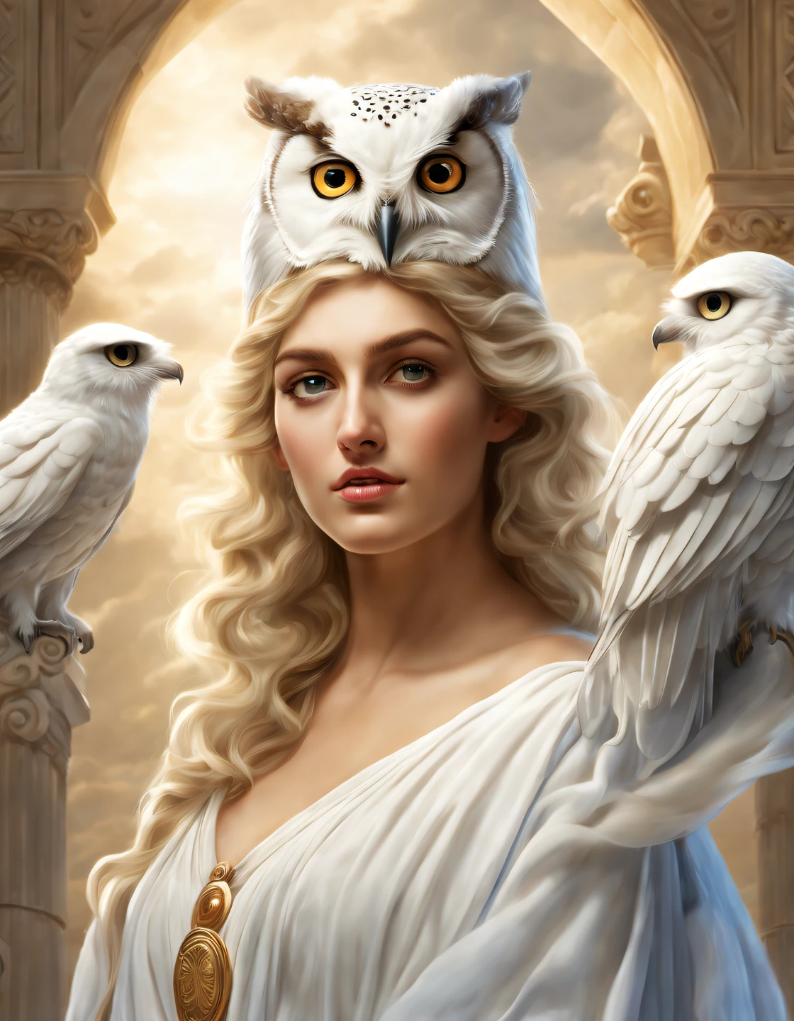 A pure white owl is lifted by Athena's shoulder), (The entire body of an owl), (Pure white owl: 1.37), Pure white owl, Pure white owl, (Stand on Athena's left shoulder:1.30), (Stand on the shoulder) ,(Stand on the shoulder) , The owl's face is round, (wide blue eyes: 0.8), very large eyes, Short curved beak, Thick, Pure white,hat feather, It is a unique and beautiful creature,The wonders and wisdom of nature are on display, (The left half of Athena's body: 0.8), The eyes of the goddess were bright and large, Charming and majestic, Her facial contours are elegant and refined, Her Greek nose is straight, Her hair is blonde or dark, Long and smooth, Her mouth is often pursed tightly, Show her determination and determination. Her skin is fair and flawless, ivory skin, Dignified and beautiful, Shining golden light, Wearing an olive branch,,{{Masterpiece}}, {{{Best quality}}}, {{Ultra-detailed}}, {{illustration}}, {{Disheveled hair}}, {{Masterpiece}}, {{{Best quality}}}, {{Ultra-detailed}}, {{{illustration}}}, {{Disheveled hair}} Surrealist art style ,closeup cleavage,mito,Ancient Greece,,Masterpiece,Matte painting,Enigmatic Atmosphere,Depth of field (degrees of freedom),boobs shot(mcu),Close up,Dramatic lighting
