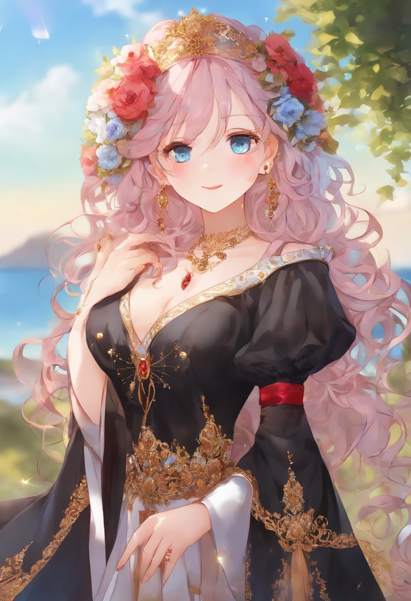 1 girl, (Iridescent hair, Colorful hair, Half blue and half pink hair: 1.2), , Blue_skyporn, holding a magic wand, Summer (season), flower petals_SUI_Liquid, Hooded black cloak, Red and black ripped dress, Skirt: 1.2, (gold long curly hair: 1.5), skyporn, plein air, Clouds, Bangs, Smile, sky-blue eyes, Bare shoulders, Perfect hands, Hand Details, Repaired finger. earrings, Sea + Background, up looking_で_viewer, Cowboy Shot, of the highest quality, rich detail, Perfect image quality, Sunrise