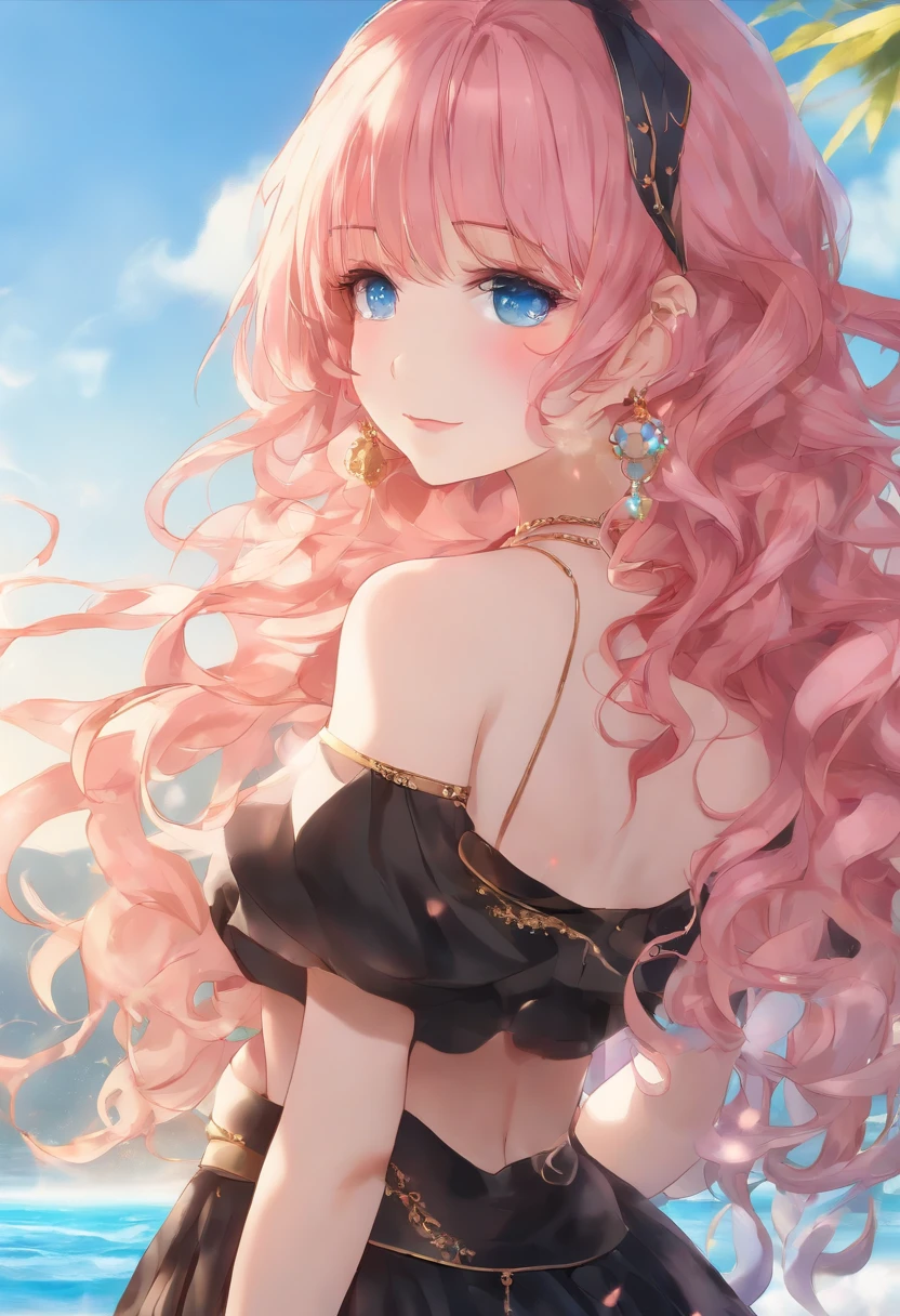 1 girl, (Iridescent hair, Colorful hair, Half blue and half pink hair: 1.2), 17 years old, Blue_skyporn, holding a magic wand, Summer (season), flower petals_SUI_Liquid, Hooded black cloak, Red and black ripped dress, Skirt: 1.2, (gold long curly hair: 1.5), skyporn, plein air, Clouds, Bangs, Smile, sky-blue eyes, Bare shoulders, Perfect hands, Hand Details, Repaired finger. earrings, Sea + Background, up looking_で_viewer, Cowboy Shot, of the highest quality, rich detail, Perfect image quality, Sunrise