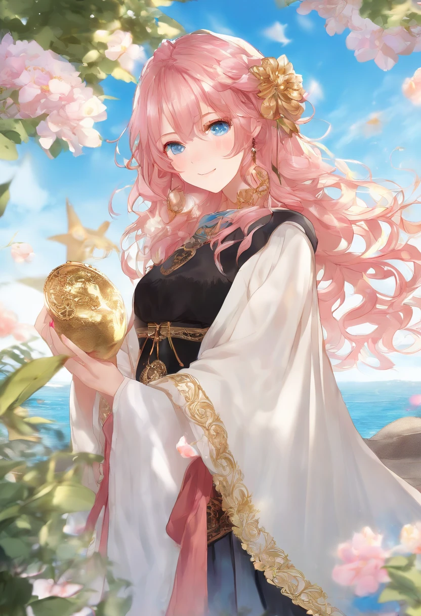 1 girl, (Iridescent hair, Colorful hair, Half blue and half pink hair: 1.2), , Blue_skyporn, holding a magic wand, Summer (season), flower petals_SUI_Liquid, Hooded black cloak, Red and black ripped dress, Skirt: 1.2, (gold long curly hair: 1.5), skyporn, plein air, Clouds, Bangs, Smile, sky-blue eyes, Bare shoulders, Perfect hands, Hand Details, Repaired finger. earrings, Sea + Background, up looking_で_viewer, Cowboy Shot, of the highest quality, rich detail, Perfect image quality, Sunrise