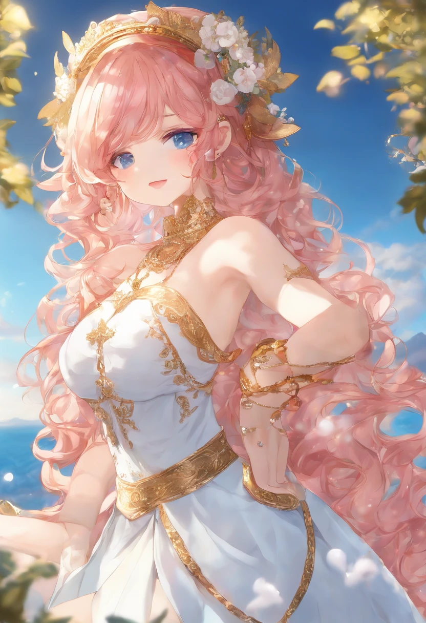 1 girl, (Iridescent hair, Colorful hair, Half blue and half pink hair: 1.2), , Blue_skyporn, holding a magic wand, Summer (season), flower petals_SUI_Liquid, Hooded black cloak, Red and black ripped dress, Skirt: 1.2, (gold long curly hair: 1.5), skyporn, plein air, Clouds, Bangs, Smile, sky-blue eyes, Bare shoulders, Perfect hands, Hand Details, Repaired finger. earrings, Sea + Background, up looking_で_viewer, Cowboy Shot, of the highest quality, rich detail, Perfect image quality, Sunrise