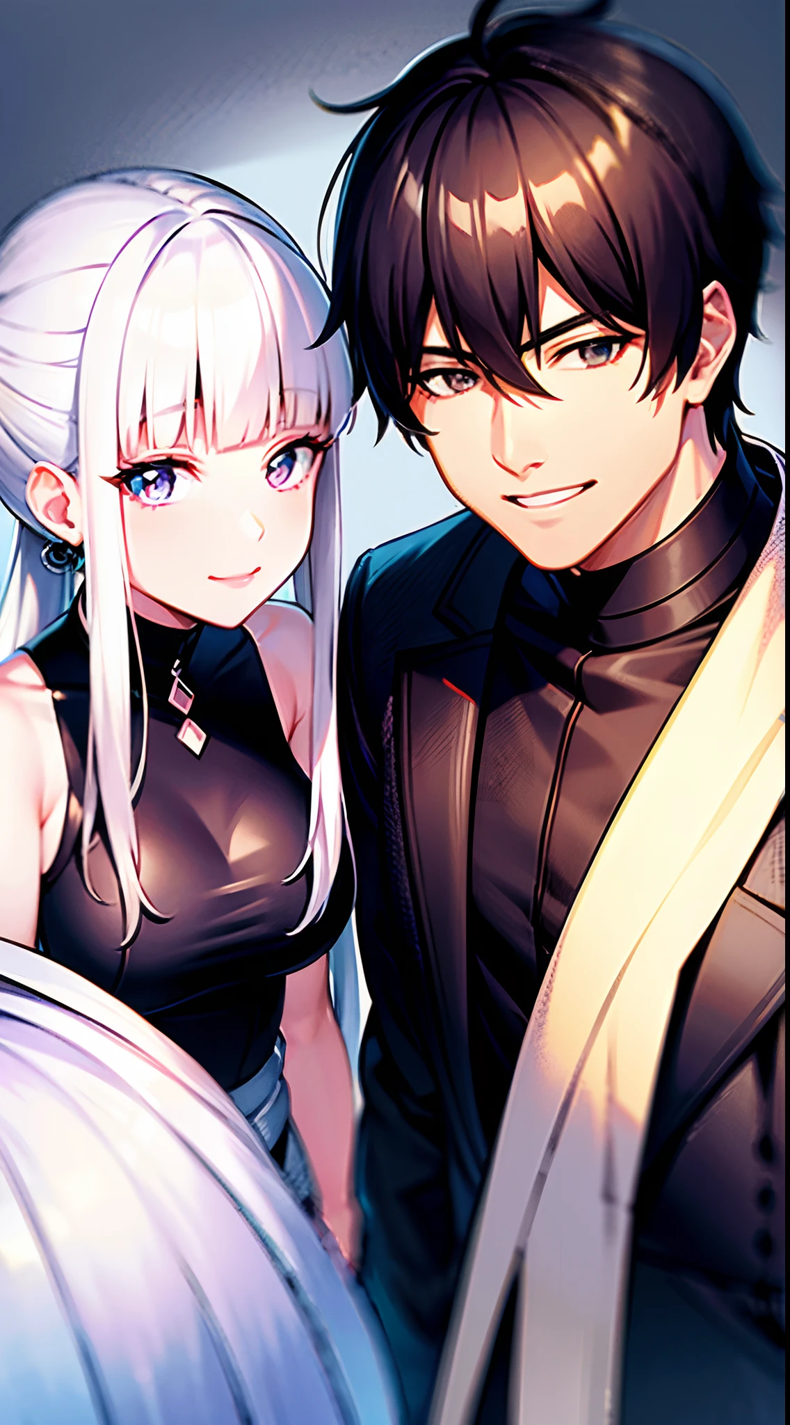 (1boy and 1girl, masterpiece, 16k ultra-fine quality) A Dark skinned young anime man, side swept silver hair, fiery light blue eyes, producing blue fire out of his fist, wearing a blue combat trench coat over a black tank top with black slacks and a chain on the hip, steel necklace with a blue dragon pendant around his neck, with sleeves rolled up to his elbows and a cocky smile and A Dark skinned anime girl with long white rabbit ears, with cherry blossoms surrounding her, smiling in a cute pose, wearing a pink kimono with Sakura flowers printed on it, white fishnet stockings, snow white hair fading to neon pink. gorgeous tan skin, heterochromia with a pink left eye and a blue right eye. Sakura petal tattoos on her cheeks. beautiful sexy anime pose, inspired by Bian Shoumin, official illustration, shigenori soejima illustration, anime portrait of a beautiful girl, heterochromatic eyes, official art, official character illustration, sexy anime girl with mixed white and neon pink short hair, cute girl with bunny ears, official character art, highly detailed exquisite fanart