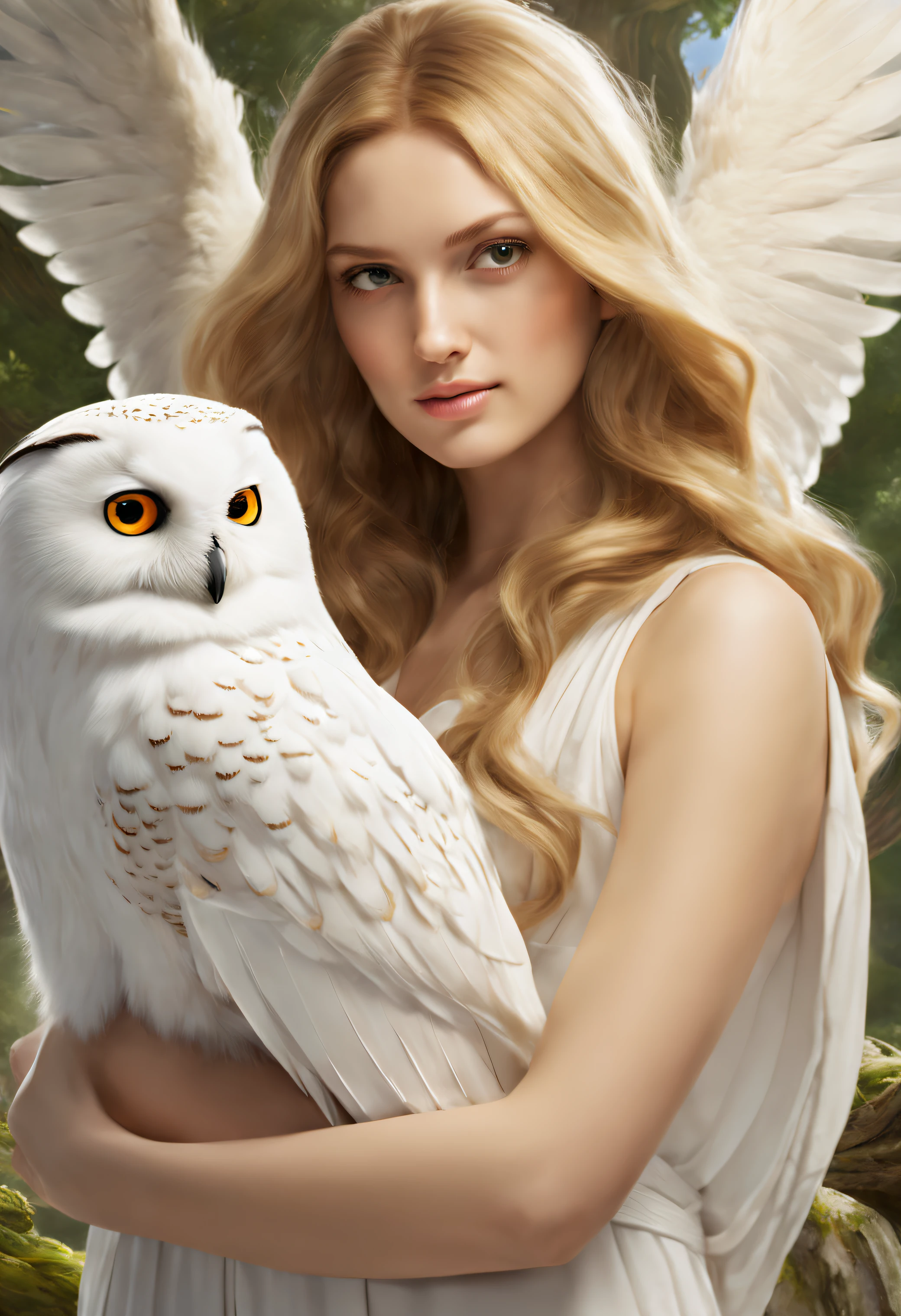 (A pure white owl is lifted by Athena's shoulder), （Owls make up 70 of the frame%）， (Pure white owl: 1.37), Pure white owl, Pure white owl, (Stand on Athena's left shoulder：1.30), (Stand on the shoulder) ，(Stand on the shoulder) ， The owl's face is round, (wide blue eyes: 0.8), very large eyes, Short curved beak, Thick, Pure white，hat feather, It is a unique and beautiful creature，The wonders and wisdom of nature are on display,
 (The left half of Athena's body: 0.8), The facial contours are elegant and refined, Her Greek nose is straight, Her hair is blonde or dark, Long and smooth，Dignified and beautiful, Shining golden light, Wearing an olive branch,,{{Masterpiece}}, {{{Best quality}}}, {{Ultra-detailed}}, {{illustration}}, {{Disheveled hair}}, {{Masterpiece}}, {{{Best quality}}}, {{Ultra-detailed}}, {{{illustration}}}, {{Disheveled hair}} Surrealist art style ,closeup cleavage，mito，Ancient Greece，,Masterpiece,Matte painting,Enigmatic Atmosphere,Depth of field (degrees of freedom),boobs shot(mcu),Close up,Dramatic lighting，