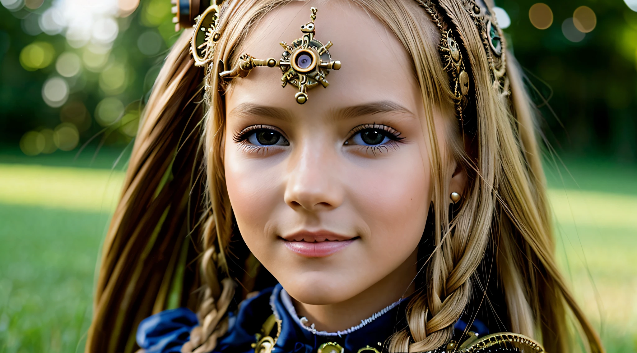 PORtRAIt , cHILD BLONDE LONG HAIR AND BRAIDS de chapéu , era vitoriana, ((steampunk)), cinematografia, trabalhado, elegante, meticuloso, magnifica, maximum details, extremely hyperaesthetic, intricadamente detalhado