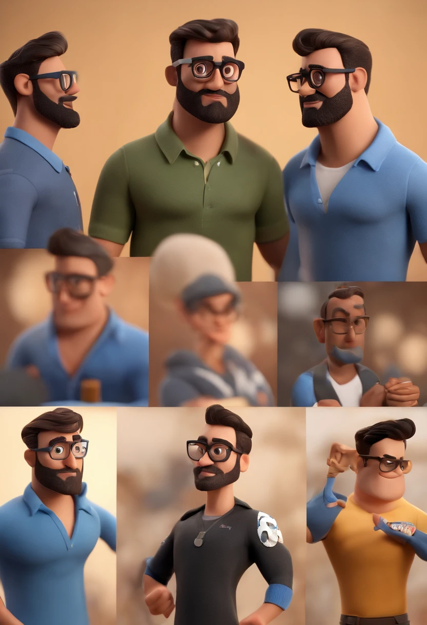 Cartoon character of a man wearing black glasses and a blue shirt, um personagem animado, Caractere estilizado, animation style rendering, 3D estilizado, Arnold Maya render, 3 d render stylized, toon render keyshot, Personagem 3D, Personagem 3D, 3d rendering stylized, 3 d character render, personagem de desenho animado, Personagem de close up, Pose de personagem, (Estilo Pixar) (master part:1.2) (Bokeh) (best quality) (pele detalhada) (textura detalhada) (8k) (argila) (Cinematic lighting) (foco nítido，Senta e vaza a parte superior do corpo