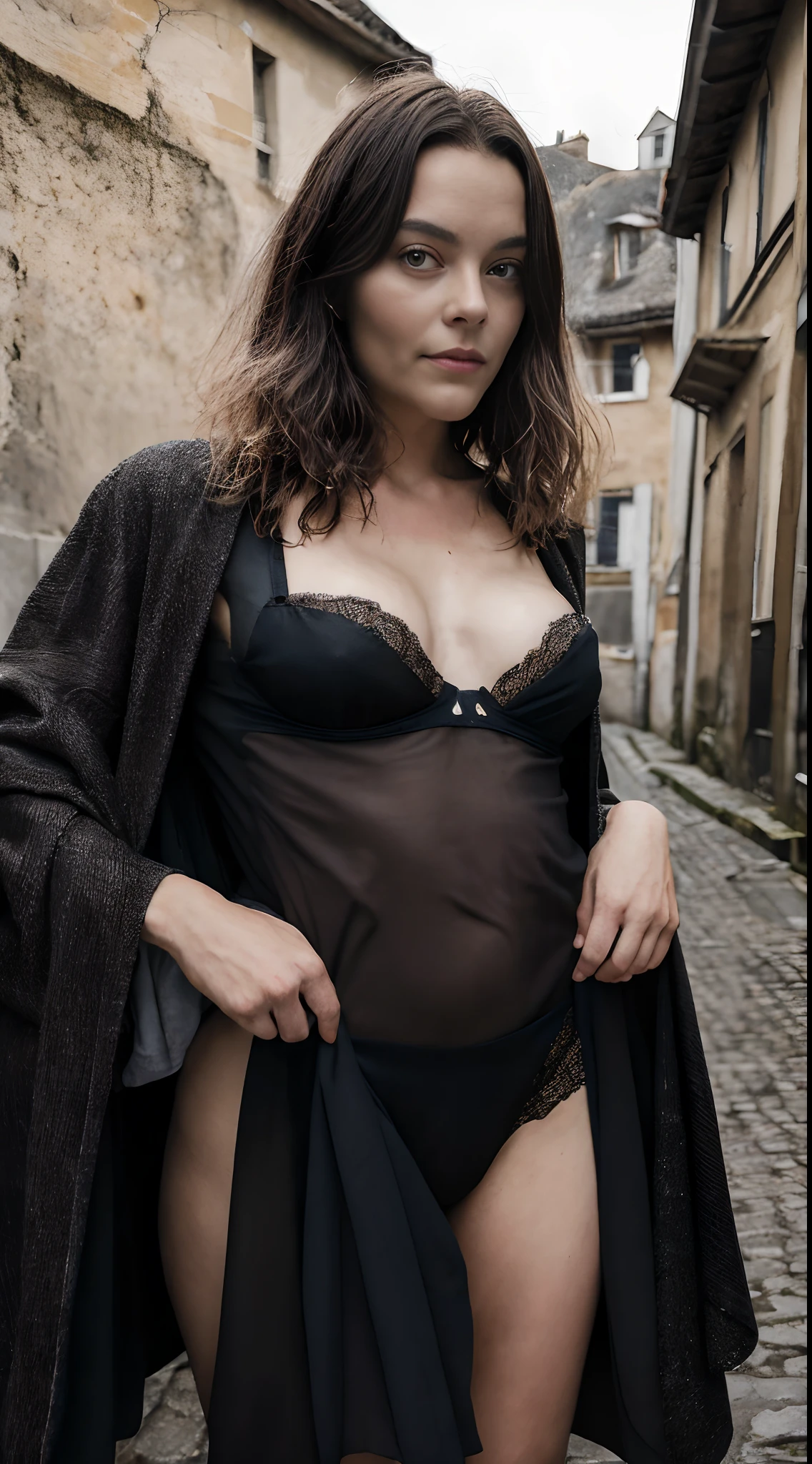 (chef-d’œuvre :1.2), rétro, sombre et mystérieux, d’une beauté envoûtante, masque grillages détaillé, longue cape fluide, motifs brodés, cuir ancien, usé lingerie petit seins , tenue du 17e siècle, Artisanat exquis, Atmosphère sinistre, brouillard dense, ombres étranges, ruelle faiblement éclairée, cadre gothique, Macabre, envoûtant poétique, clair de lune de minuit, lueur vacillante à la bougie, glaçant, éclairage ambiant, outils médicaux anciens, Photo de studio, rues désertes, désolation, de