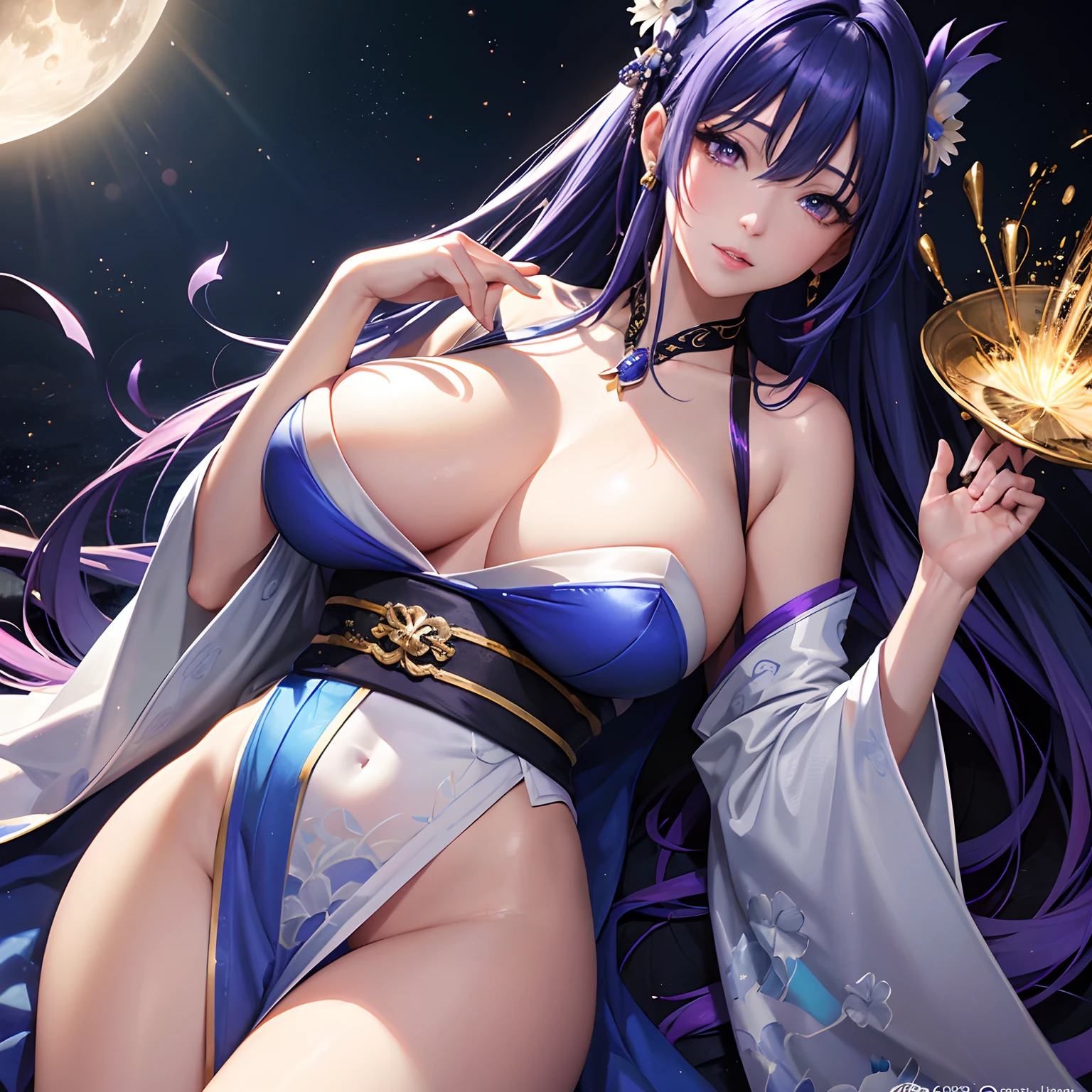 finest image, (8k, RAW photo, realistic), portrait, detailed and delicate depiction and flashy and dynamic painting method, blue violet hair, beautiful woman, sparkling crimson red sharp eyes, amorous expression, lewd expression, ecstasy, orgasm, huge breasts, treasured breasts, great proportion, open Japanese kimono, blue violet and white lilies, background big moon, iridescent golden particles
