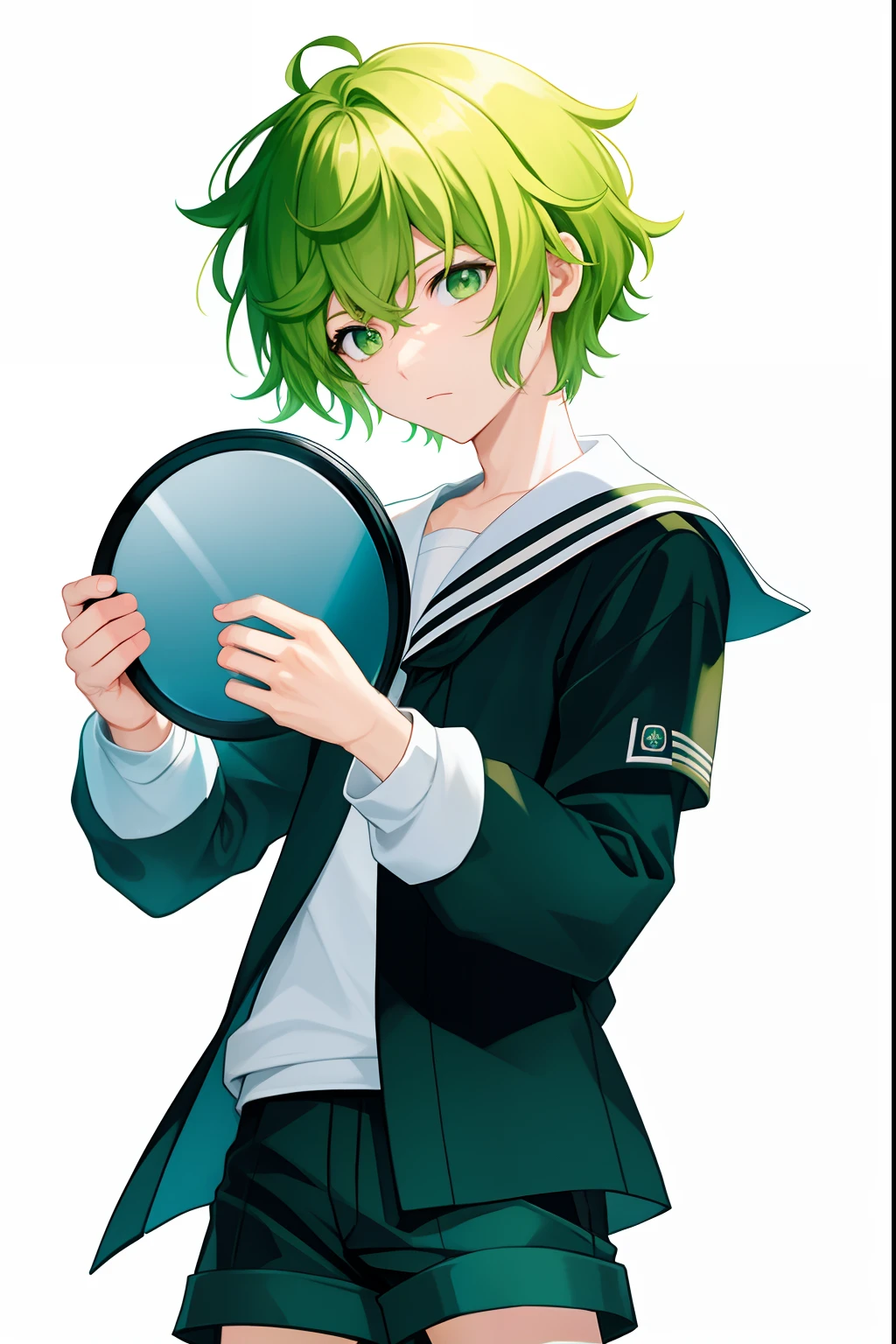 Frontal photographic masterpieces,Best Quality Boy(Green eyes:1.5),Yellow hair, short hair, expressionless, black and white sailor jacket,Close-up of a man in a black jacket and shorts holding a mirror gray shorts in his hand, inspired by Li Chevalier, JK school uniform, as an anime character, Single character full body, Boy front style, anime full body illustration, The anime vtube is inspired by Tohisa Okumura, Delicate androgynous prince,