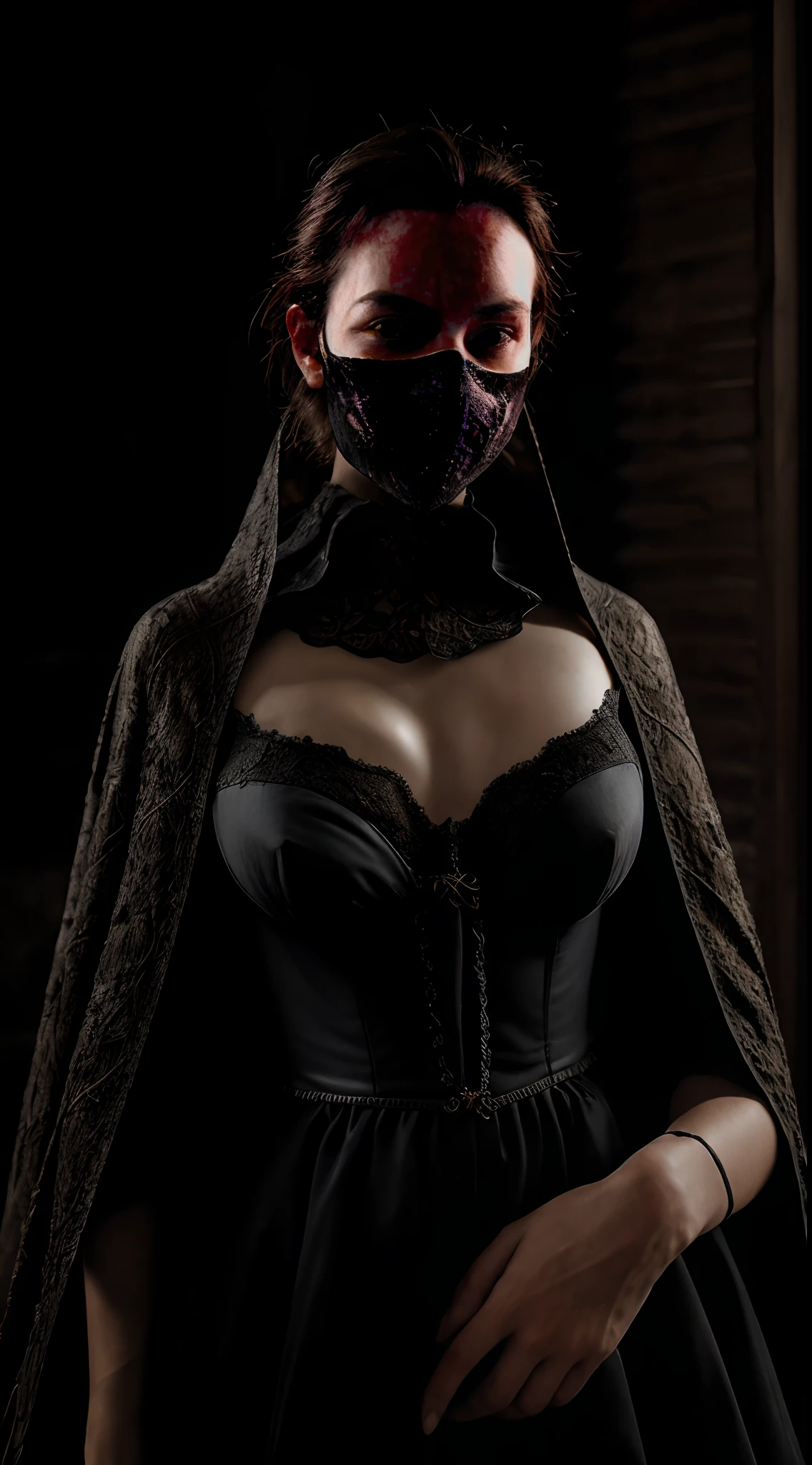 (master piece :1.2), retro, dark and mysterious, of mesmerizing beauty, Detailed Mesh Mask, longue cape fluide, Embroidered patterns, cuir ancien, Worn lingerie small , 17th century dress, Artisanat exquis, Sinister atmosphere, brouillard dense, Strange shadows, Dimly lit alley, cadre gothique, Macabre, Poetic haunting, clair de lune de minuit, flickering candlelight, chilling, ambient lighting, Antique Medical Tools, woods