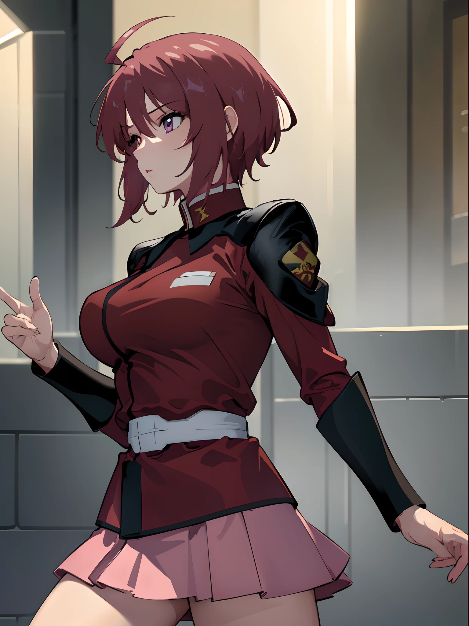 ((masterpiece)), ((best quality)), ((ultra detailed)), 8K, 16K, detailed beautiful face, detailed beautiful eyes, sl1, 1girl, short hair, red hair, ahoge, long sleeves, military uniform, pink skirt, large breasts, expressionless, fighting stance, laboratorium, viewed from side