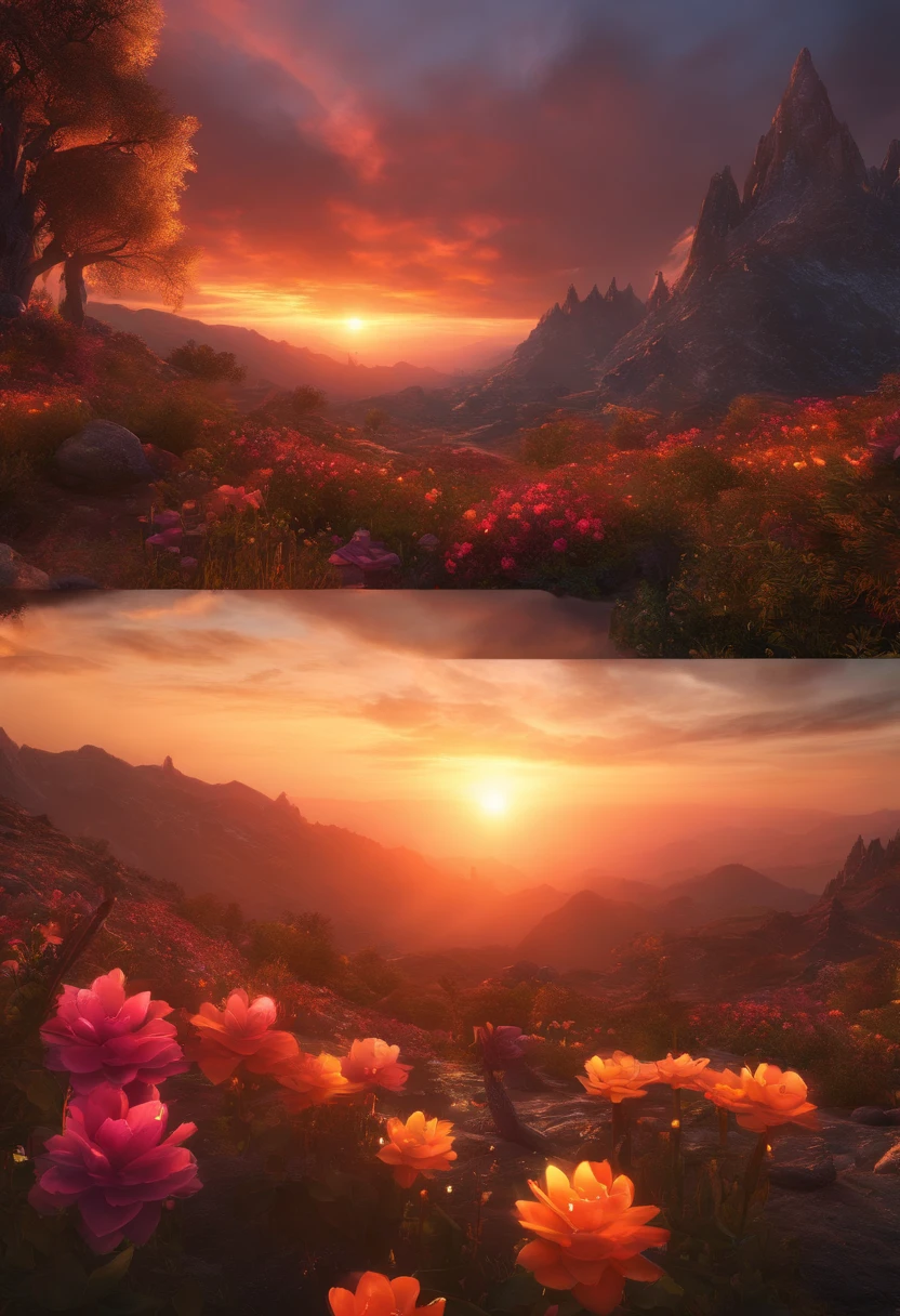 Phoenix, Skyrim. Sunset. Horizontal planes, crystals, flowers and plants