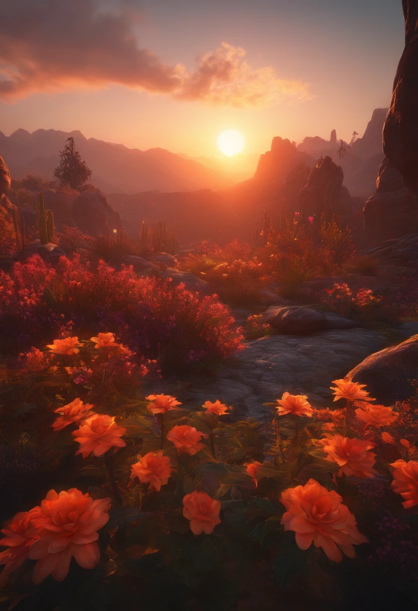 Phoenix, Skyrim. Sunset. Horizontal planes, crystals, flowers and plants