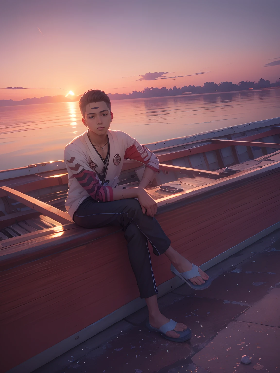 An anime boy sitting on a boat ultra sunset background highly detail face 8k resouloution