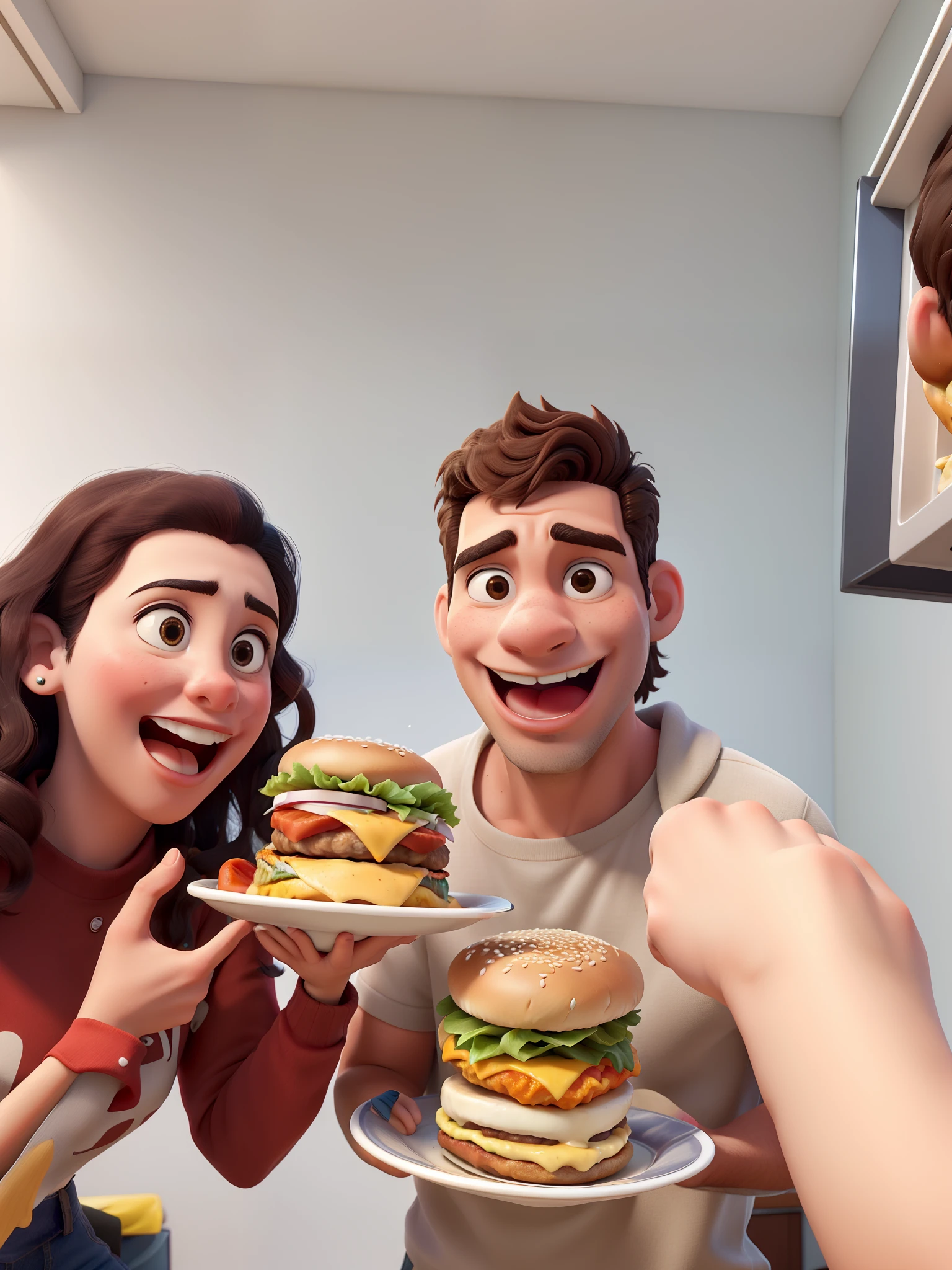 Personagens, um casal, jovem, They're holding a plate with hamburger, and are amazed by the size and quality of the burger