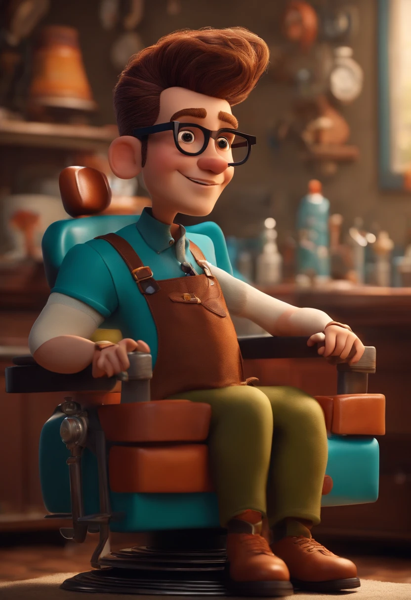 A Dream Barber Inspired by Pixar Animation, de perto. The character takes center stage with captivating facial expressions, oferecendo um toque de irrealidade, Cabelo curto e gordinho gradiente