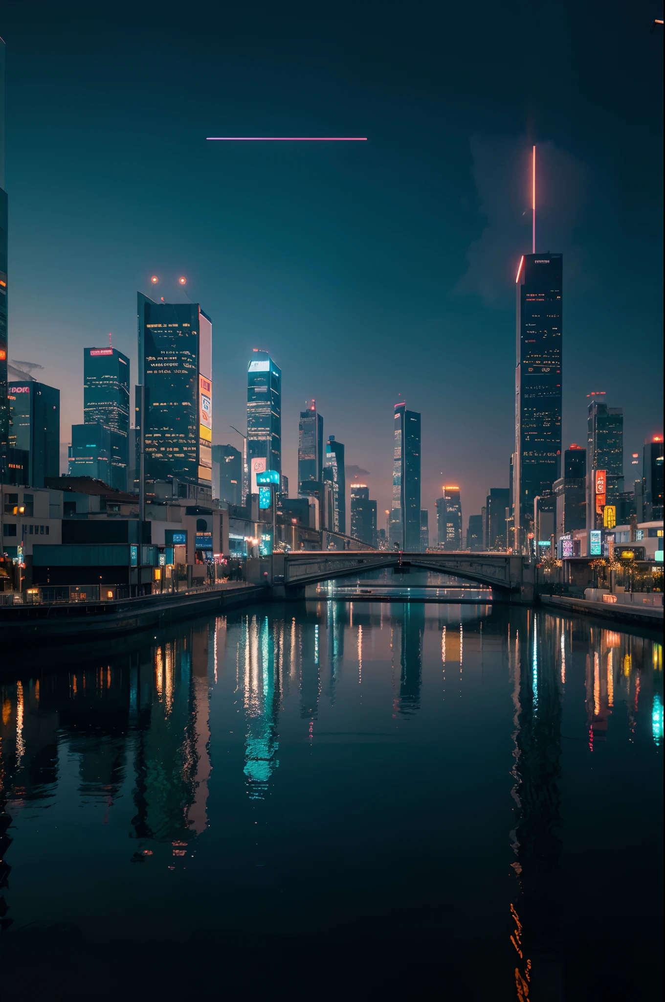 Create a hyperrealistic urban landscape at sunset, with dazzling city lights reflecting on a calm, mirror-like river. The scene should be set in a futuristic, cyberpunk city with neon signs and flying vehicles