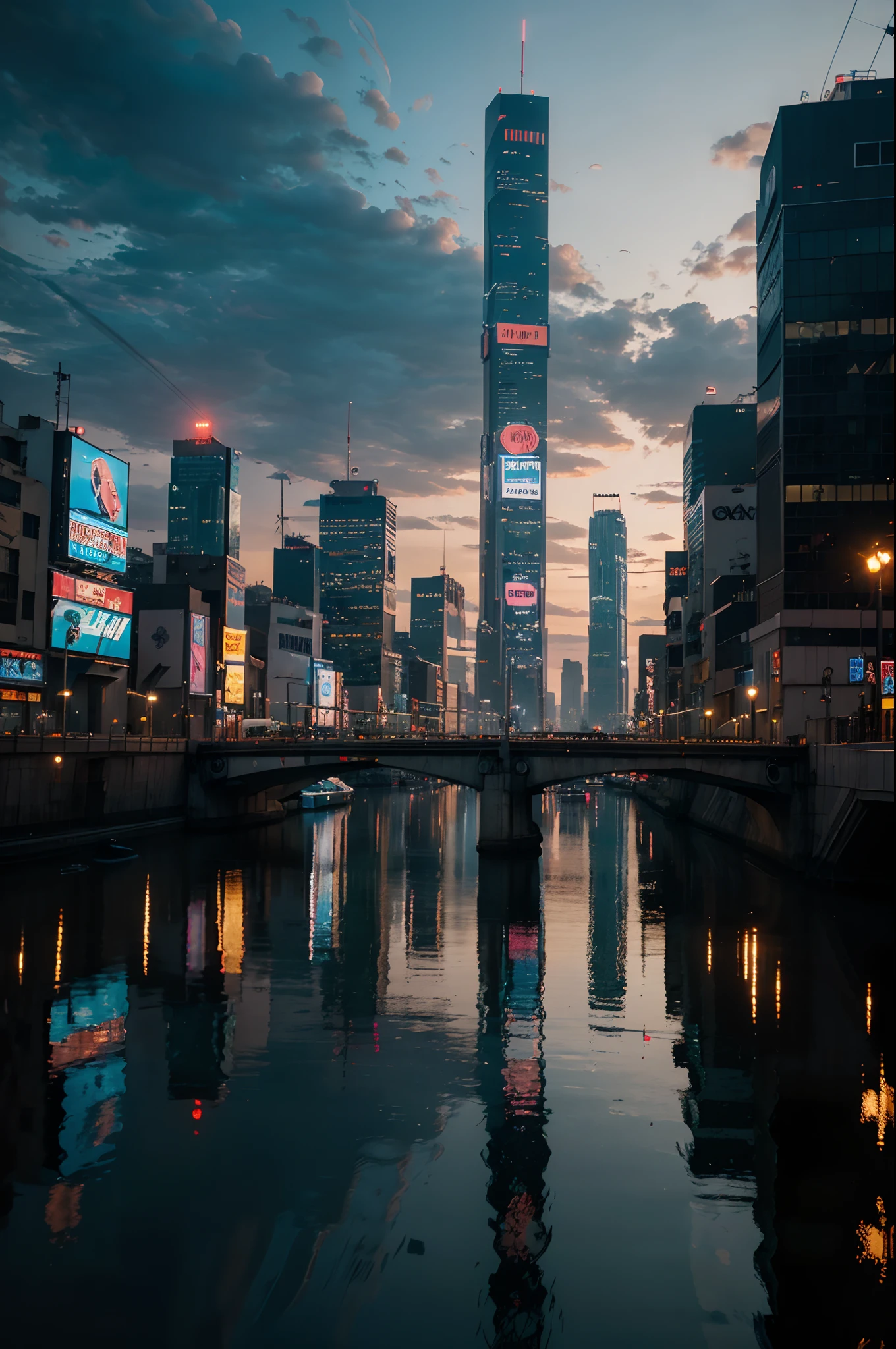 Create a hyperrealistic urban landscape at sunset, with dazzling city lights reflecting on a calm, mirror-like river. The scene should be set in a futuristic, cyberpunk city with neon signs and flying vehicles