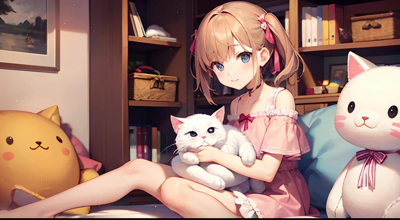 Anime girl sitting on a couch with two cats and a stuffed animal ...