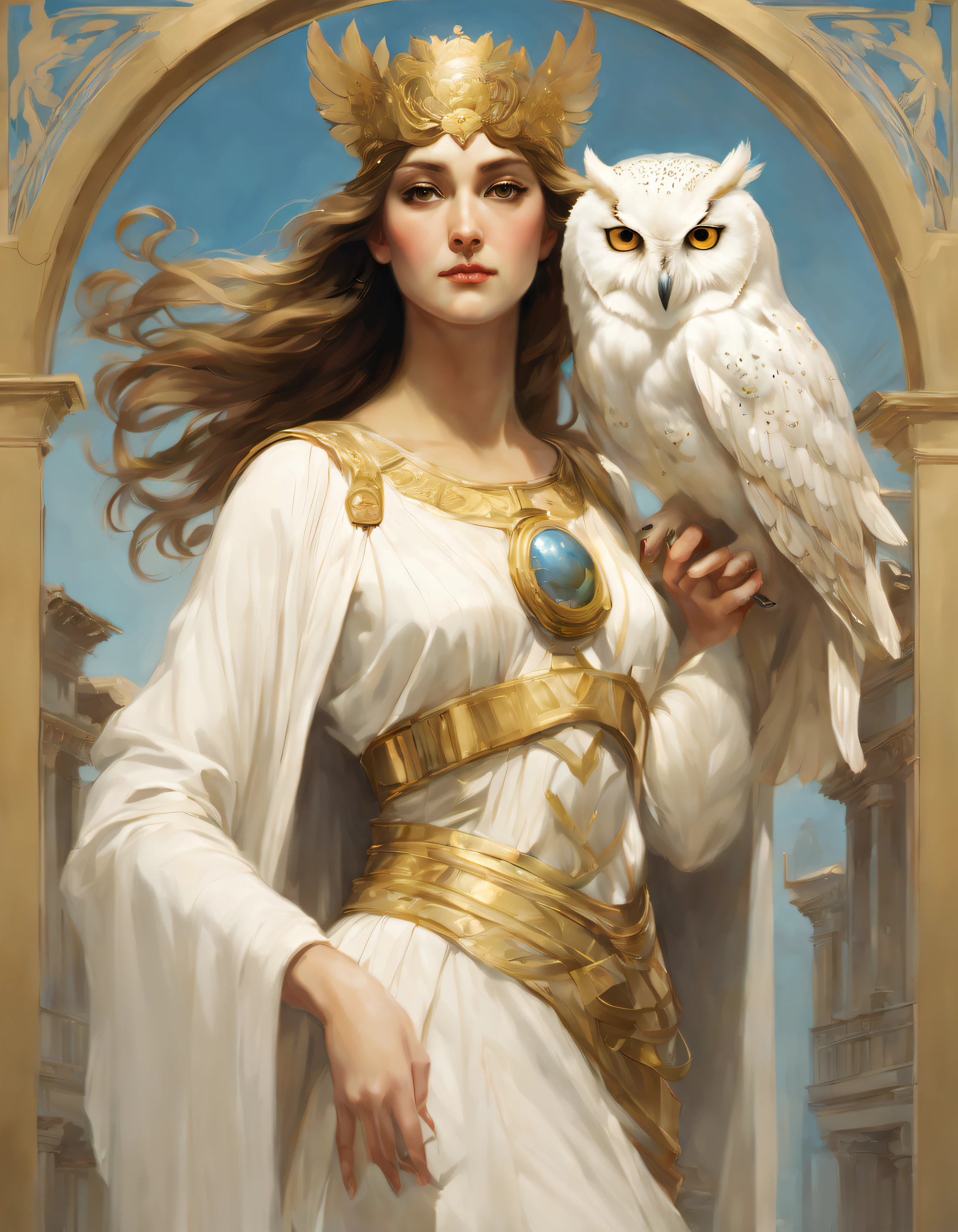 Surrealist art style , (Close-up of a pure white owl standing on Athena's shoulder), (The whole body of an owl), (Pure white owl: 1.37), Pure white owl, Pure white owl, (Stand on Athena's left shoulder:1.30), (Stand on the shoulder) ,(Stand on the shoulder) , The owl's face is round, (wide blue eyes: 0.8), very large eyes, Short curved beak, Thick, pure white,hat feather, It is a unique and beautiful creature,The wonders and wisdom of nature are on display, (The left half of Athena's body: 0.8), The eyes of the goddess were bright and large, Charming and majestic, Her facial contours are elegant and refined, Her Greek nose is straight, Her hair is blonde or dark, Long and smooth, Her mouth is often pursed tightly, Show her determination and determination. Her skin is fair and flawless, ivory skin, Dignified and beautiful, Shining golden light, Wearing an olive branch,,{{Masterpiece}}, {{{Best quality}}},{{Ultra-detailed}}, {{illustration}},{{Disheveled hair}},{{Masterpiece}},{{{Best quality}}},{{Ultra-detailed}}, {{{illustration}}},{{Disheveled hair}},A beautiful painting by Alphonse Mucha,illustration,Masterpiece,Matte painting,Enigmatic Atmosphere,Depth of field (degrees of freedom),boobs shot(mcu),Close up,Dramatic lighting