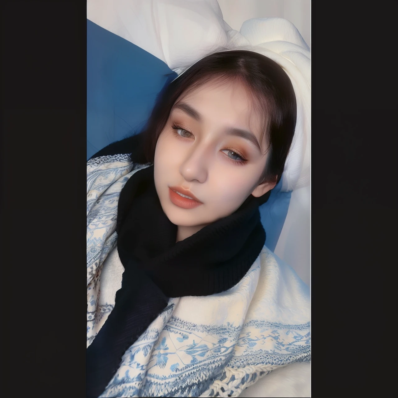 a close up of a woman wearing a black scarf and a white and blue blanket, face is wrapped in a black scarf, selfie of a young woman, pale-skinned persian girl, 🤤 girl portrait, beautiful iranian woman, khyzyl saleem, leaked image, without makeup, 8k selfie photograph, profile pic, 1 8 yo, ☁🌪🌙👩🏾