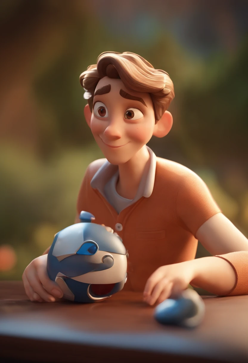 Personagem de desenho animado de um homem uma camisa azul, um personagem animado, Caractere estilizado, animation style rendering, 3D estilizado, Arnold Maya render, 3 d render stylized, toon render keyshot, Personagem 3D, Personagem 3D, 3d rendering stylized, 3 d character render, personagem de desenho animado, Personagem de close up, Pose de personagem, (Estilo Pixar) (master part:1.2) (Bokeh) (best quality) (pele detalhada) (textura detalhada) (8k) (argila) (Cinematic lighting) (foco nítido,Senta e vaza a parte superior do corpo