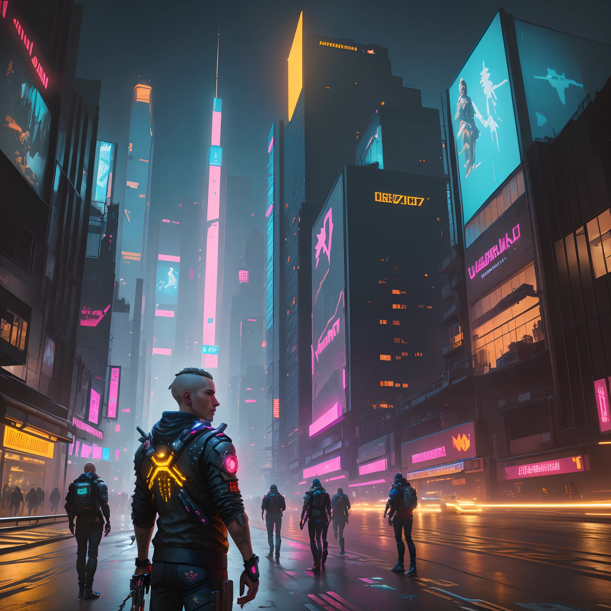 Cyberpunk Painting: futuristic city, flying cars, vibrant neon, holographic posters, interactive holograms, decaying buildings, dystopian atmosphere.