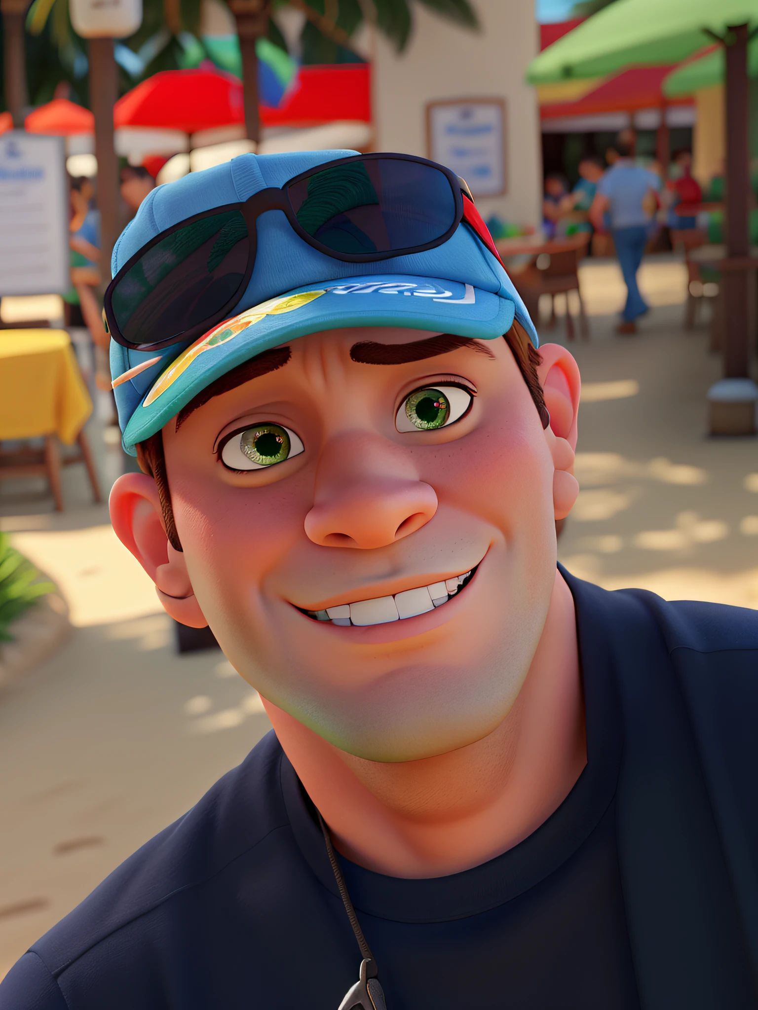 Poster no estilo Disney pixar, alta qualidade, melhor qualidade, homem sexy branco, 50 anos, olhos verdes, com fundo em um restaurante na praia, wearing a cap with a sunglass on top