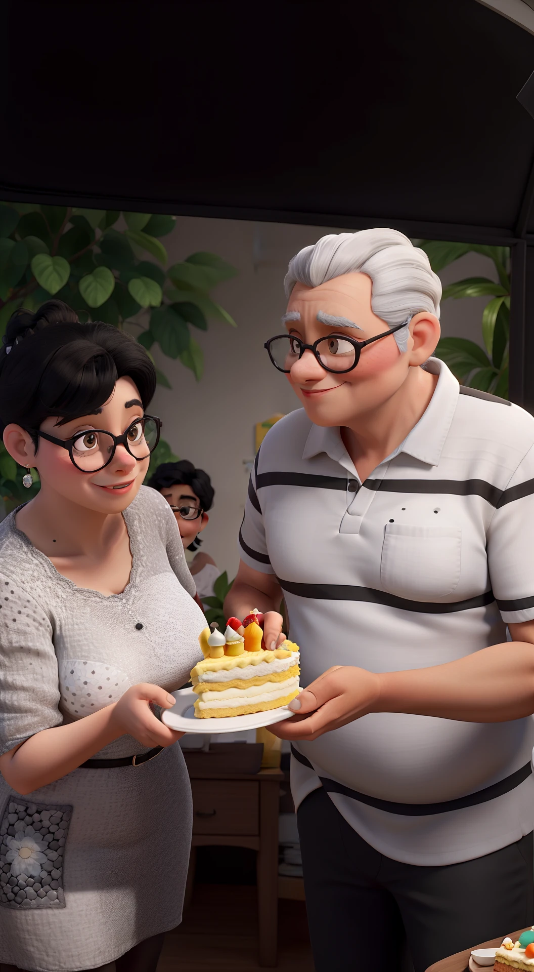 Obra-prima, de melhor qualidade, um casal de idosos. She with black hair and white dress with black polka dots getting a piece of cake from her fat gray-haired husband wearing glasses