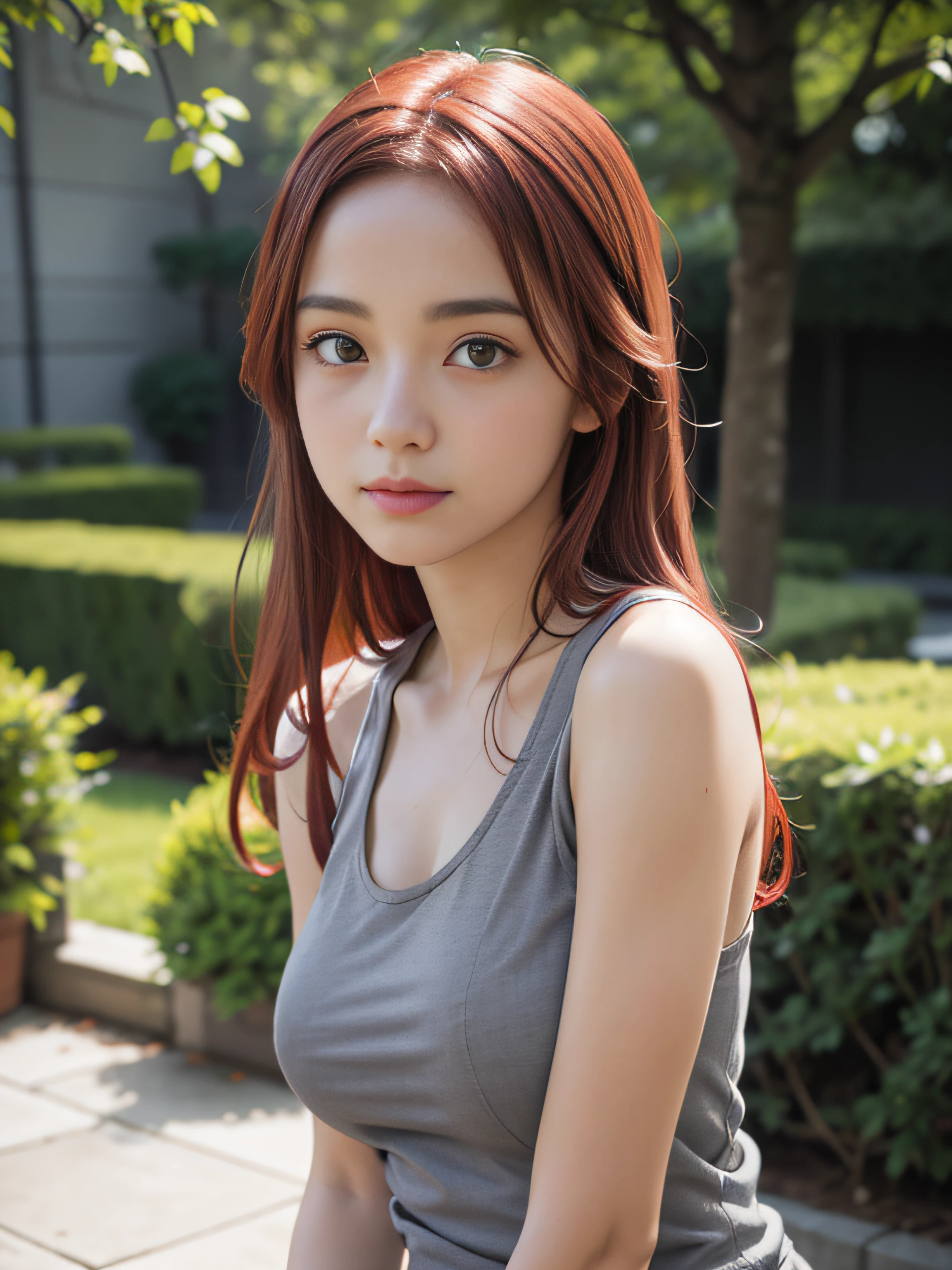 masterpiece, best quality, (realistic, photo-realistic:1.4), (RAW photo:1.2), extremely detailed CG unity 8k wallpaper, delicate and beautiful, amazing, finely detail, official art, absurdres, incredibly absurdres, huge filesize, ultra-detailed, extremely detailed, extremely detailed girl, extremely detailed eyes and face, light on face,little smile,Tiese_Shtolienen,(red hair:1.3),long hair,(grey tank top:1.5),garden,(teen girl:1.7)