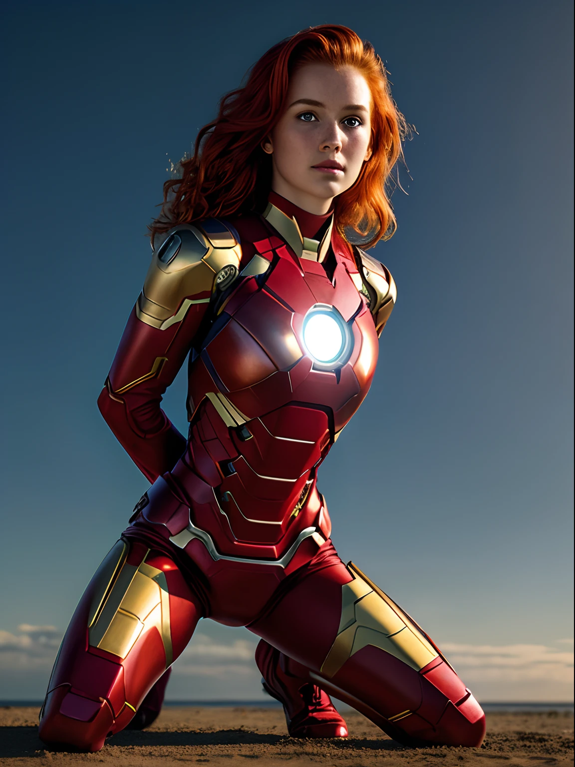 1girl in, age19, Solo, Aesthetic artwork, irish redhead, wavy ginger hair, shoulder length ginger hair, light grey eyes, some small freckles, pale skin, A-cup, small breasts, runners body, (textured skin, skin pores:1.1), (moles:0.8), imperfect skin, goosebumps, wearing Iron man costume, Avengers costume Iron manbikini, evening ocean sunset background, blury background, (action shot, kneeling, 1.25), (extremely detailed 8k wallpaper), (hard lighting), high quality, film grain, Fujifilm XT3 sharp focus, f 5.6, 50mm, High Detail, Sharp focus, (natural light), crazy details, complex details, hyperdetailed