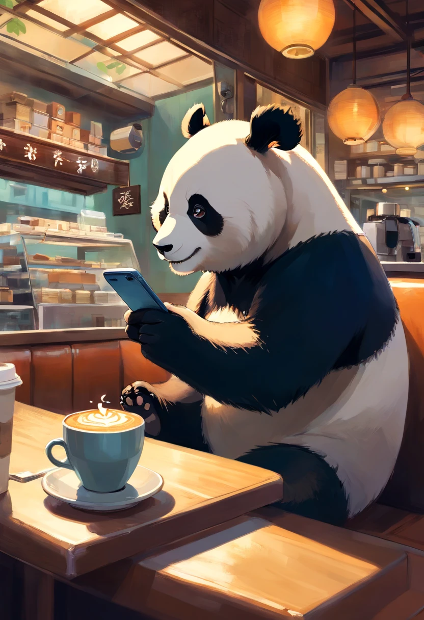 a humanoid panda touching smartphone at a coffee shop, art by [Esao Andrews]