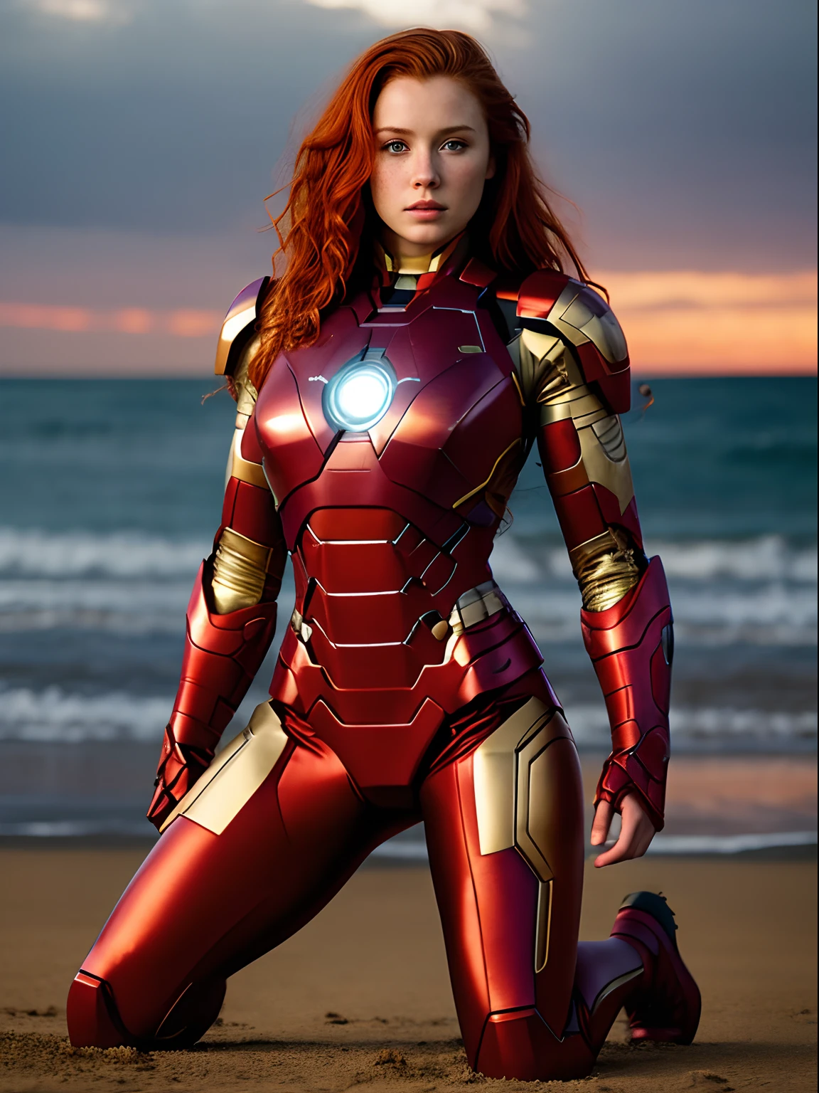 1girl in, age19, Solo, Aesthetic artwork, irish redhead, wavy ginger hair, shoulder length ginger hair, light grey eyes, some small freckles, pale skin, A-cup, small breasts, runners body, (textured skin, skin pores:1.1), (moles:0.8), imperfect skin, goosebumps, wearing Iron man costume, Avengers costume Iron manbikini, evening ocean sunset background, blury background, (action shot, kneeling, 1.25), (extremely detailed 8k wallpaper), (hard lighting), high quality, film grain, Fujifilm XT3 sharp focus, f 5.6, 50mm, High Detail, Sharp focus, (natural light), crazy details, complex details, hyperdetailed