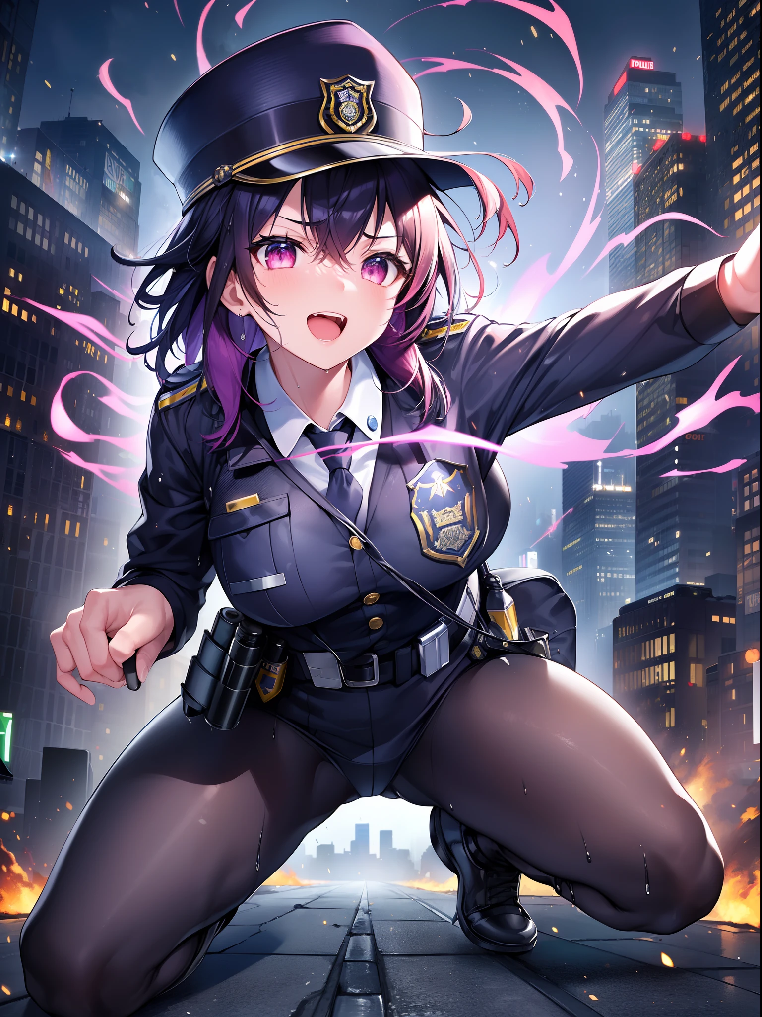 Outrageous resolution、masutepiece++,top-quality++,ultra-defined++, ultra-defined++,4K++,8K++,(Background Focus)++, Highly detailed, Viewer's Perspective、((Exploding Cities))++、((2Person Police Officer))++,((Sprinting Police Officer)), ((((Sprinting through the city))))++++,(((Police officer attire)))+++,(((Dressed like a police officer)))++++,((pistols))++, ((Police hat))++, ((Humans on the run)) ++,((Burning cities))++,(Exploding Cities) +,(Sharp eyes)、(colourful hair), (Super shiny hair and skin), (Sunlight),((Beautiful)),Dynamism,A lively smile, Perfect eyes, Perfect hands, Perfect nose, Magic Battle Dark, Bright atmosphere, (wet effect) +, (light effect), (Cinematic Light) + , (Like a movie of light) +