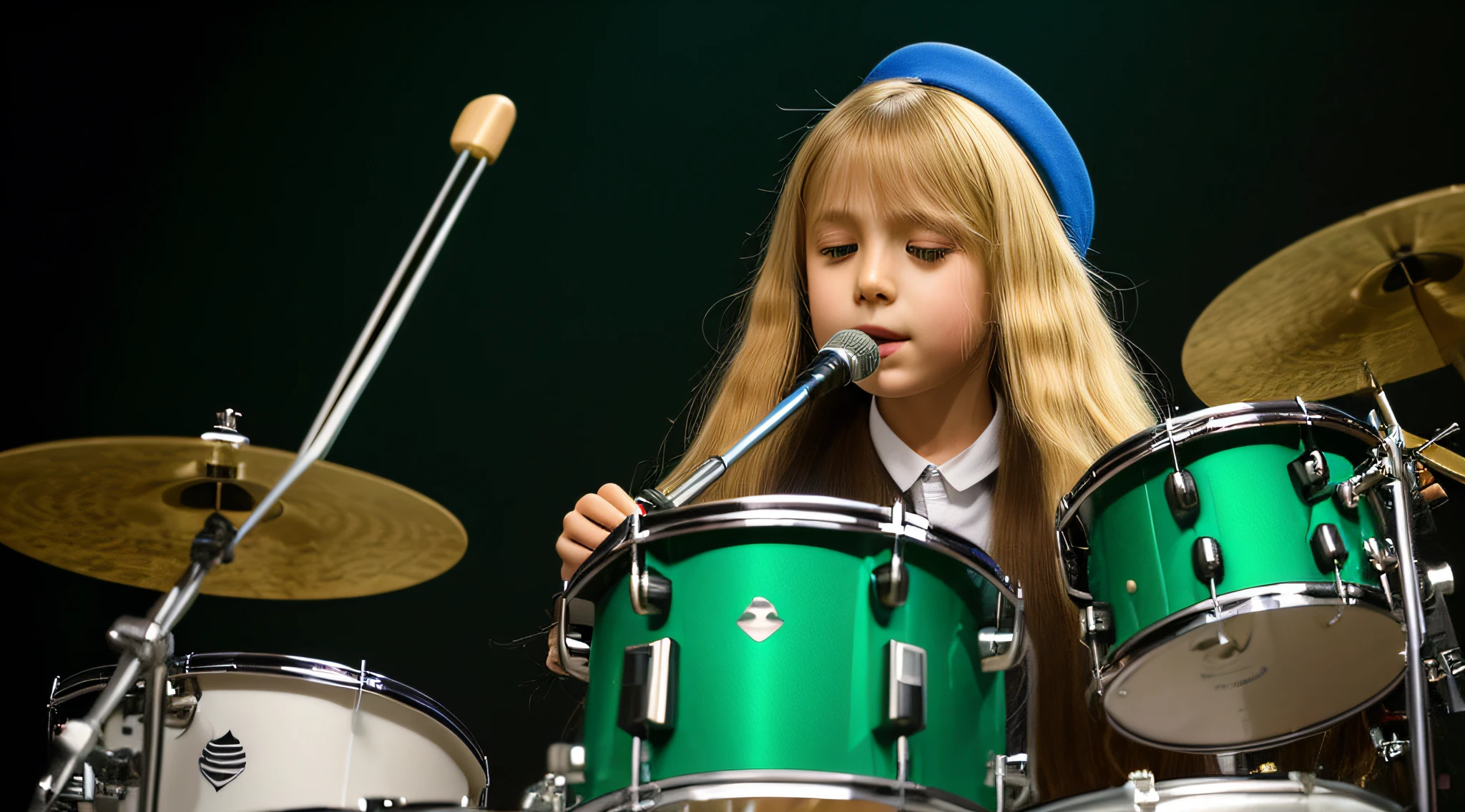 DRUMMER OF CHILD GIRL LONG HAIRED BLONDE, uniforme azul tocando bateria em frente a um palco. LUZES VERDES, VERDE. TOCHAS DE FOGO.