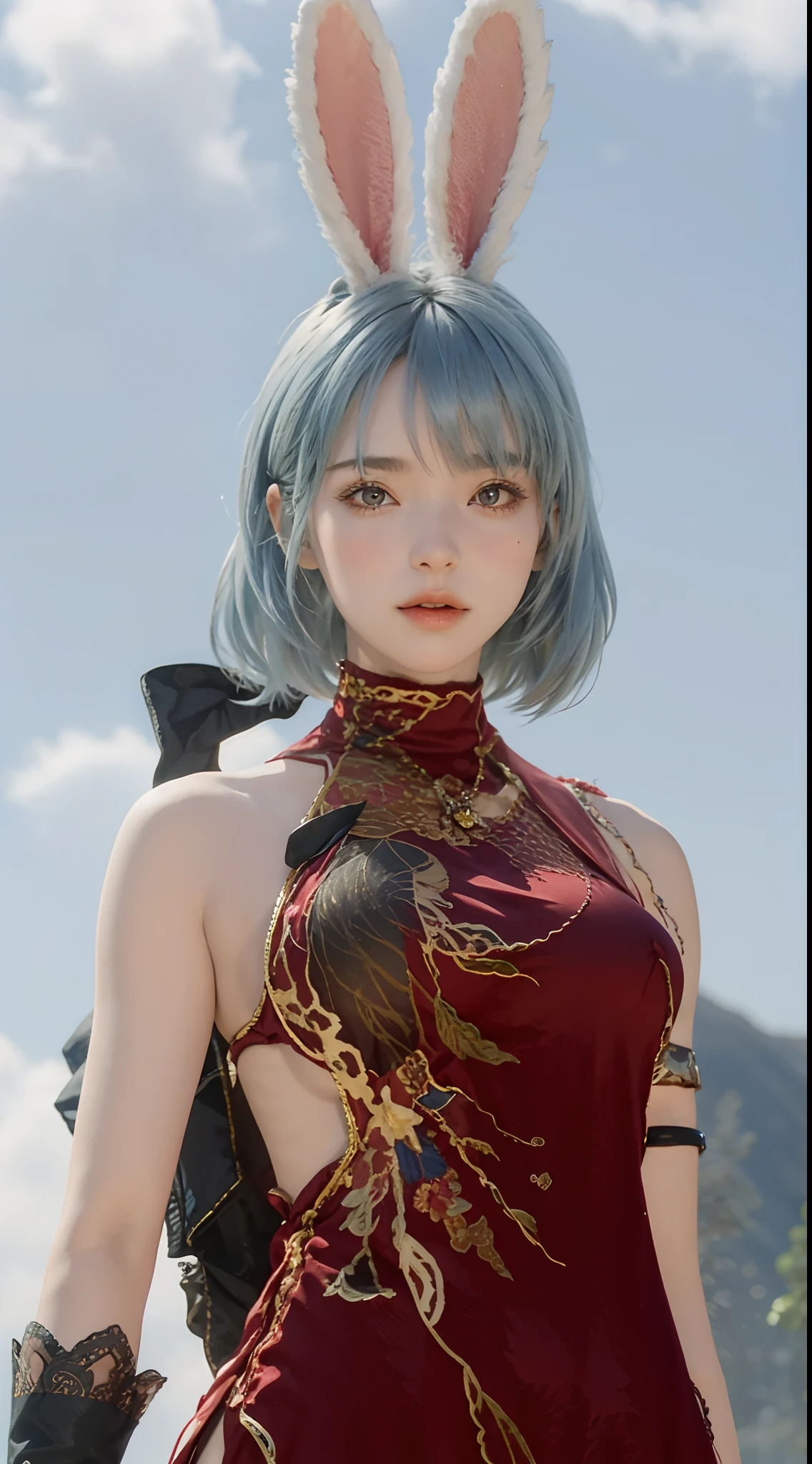 (nsfw),1girl, (tight red dress ), bare shoulders, bare arms, (fishnets), (gigantic breasts), (cleavage), upper body, rabbit ears, standing, (masterpiece, high quality, best quality), (colorful),(delicate eyes and face), volumatic light, ray tracing, bust shot ,extremely detailed CG unity 8k wallpaper,solo((flying petal)),(Flowery meadow) sky, blue sky, sunny, light, fantasy, windy, magic sparks, outdoors,((church)), flowers, eyes blue hd , short hair hd, hair ash blue hd, perfect boobs, boobs hd, mommy sexy hd, white ears bunny