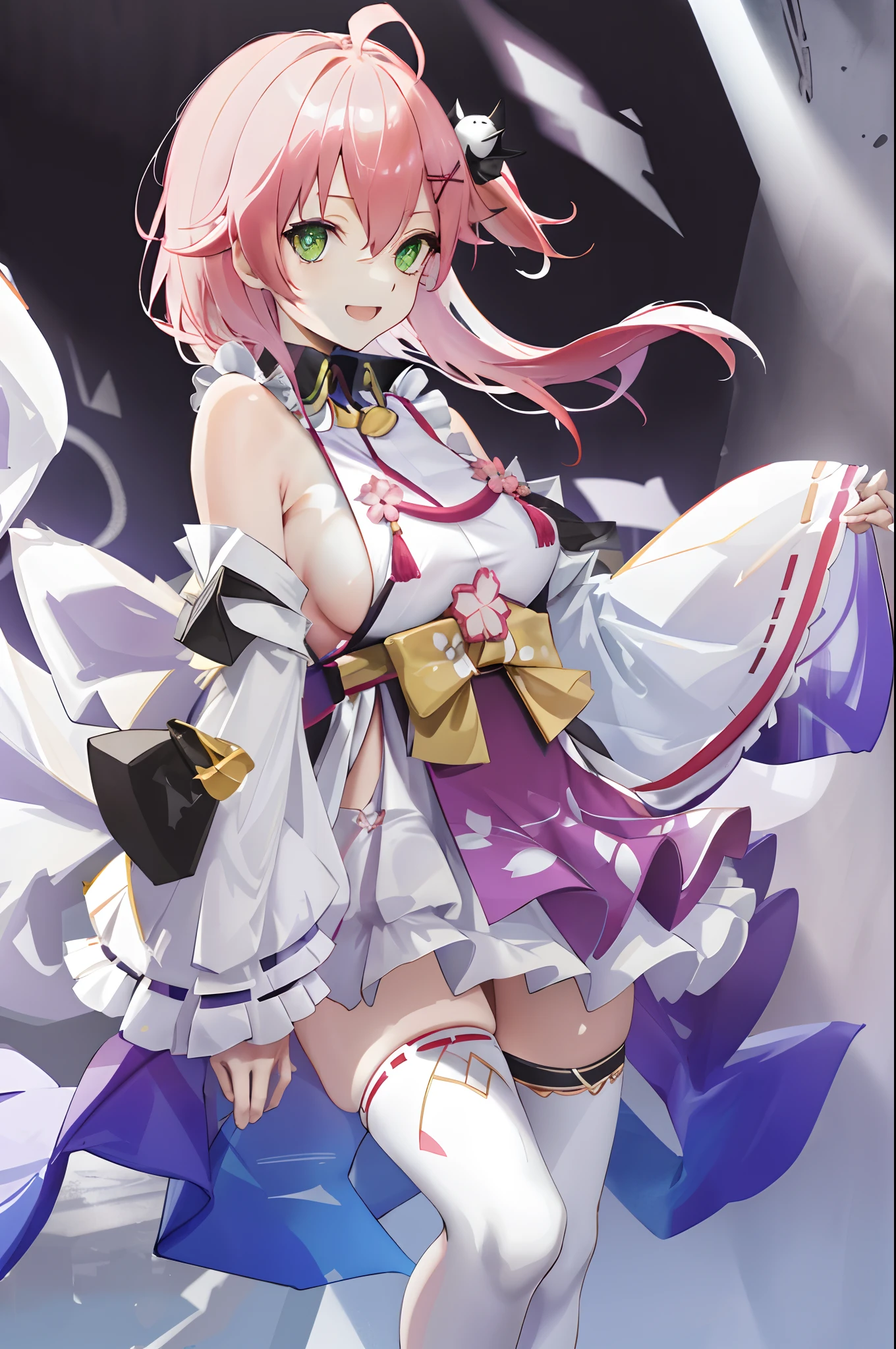 masterpiece, best quality, highres, miko1, sakura_miko, 1girl, big_boobs, solo, ahoge, x_hair_ornament, pink_hair, floral print, hairclip,(side_less_clothes:1.5), (side_boobs:1.5), hair_bell, floral print, long_hair, hair between eyes, one side up, white thighhighs, asymmetrical legwear, wide sleeves, open_mouth,(happy:1.3),green_eyes,big_smile,(raise_leg:1.3),plump,apart_legs,(overly_long_sleeves:1.3),),sleeves_past_wrists,hands_hidden_sleeves,sidelock_clothes,solo,hidden_wrists,(XD:1.5),covered_nipples,plump,sunlight,(bare_flank:1.3)